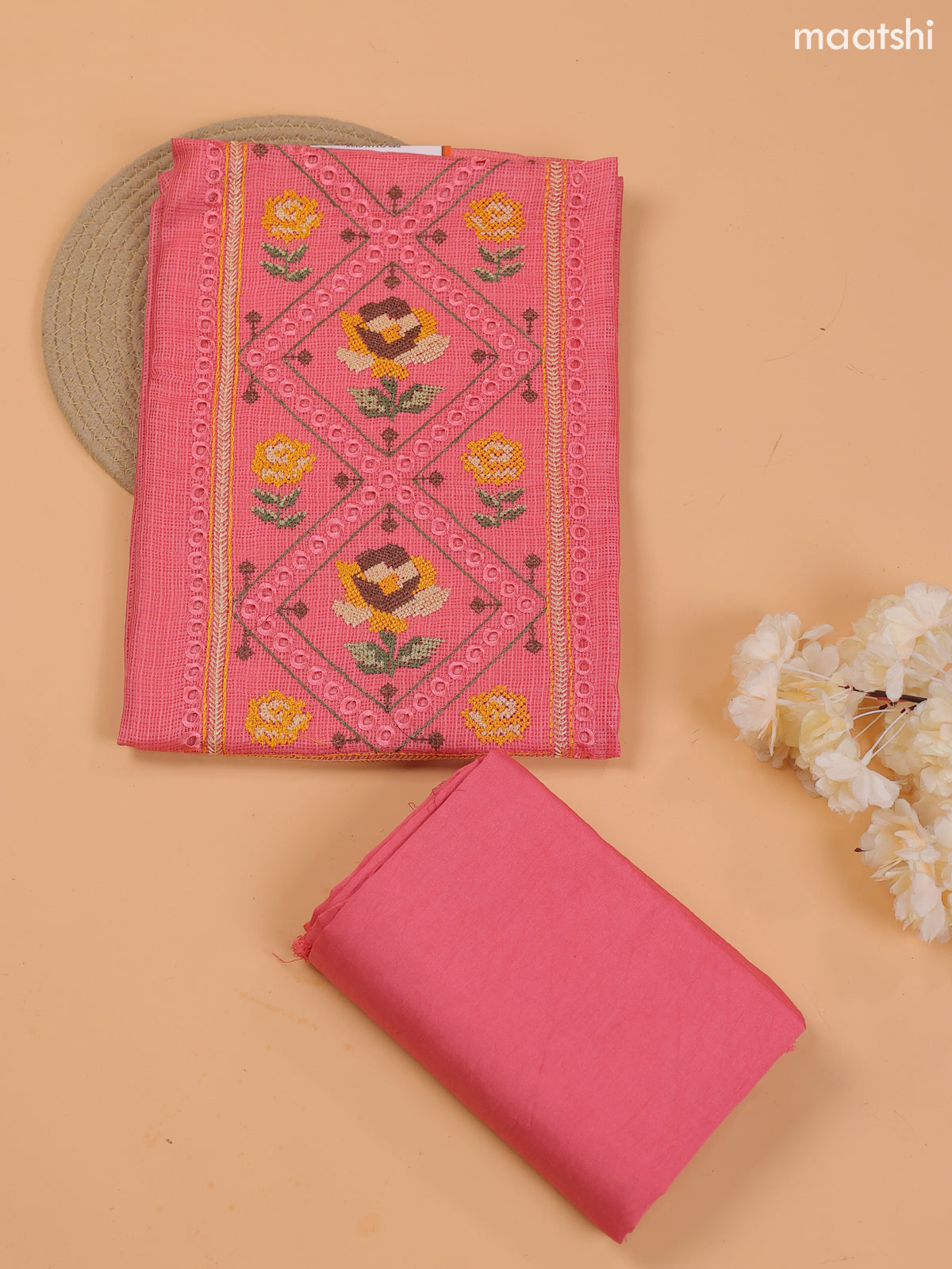 Pink Kota Dress Material With Embroidery Work Neck Pattern and Bottom & Dupatta