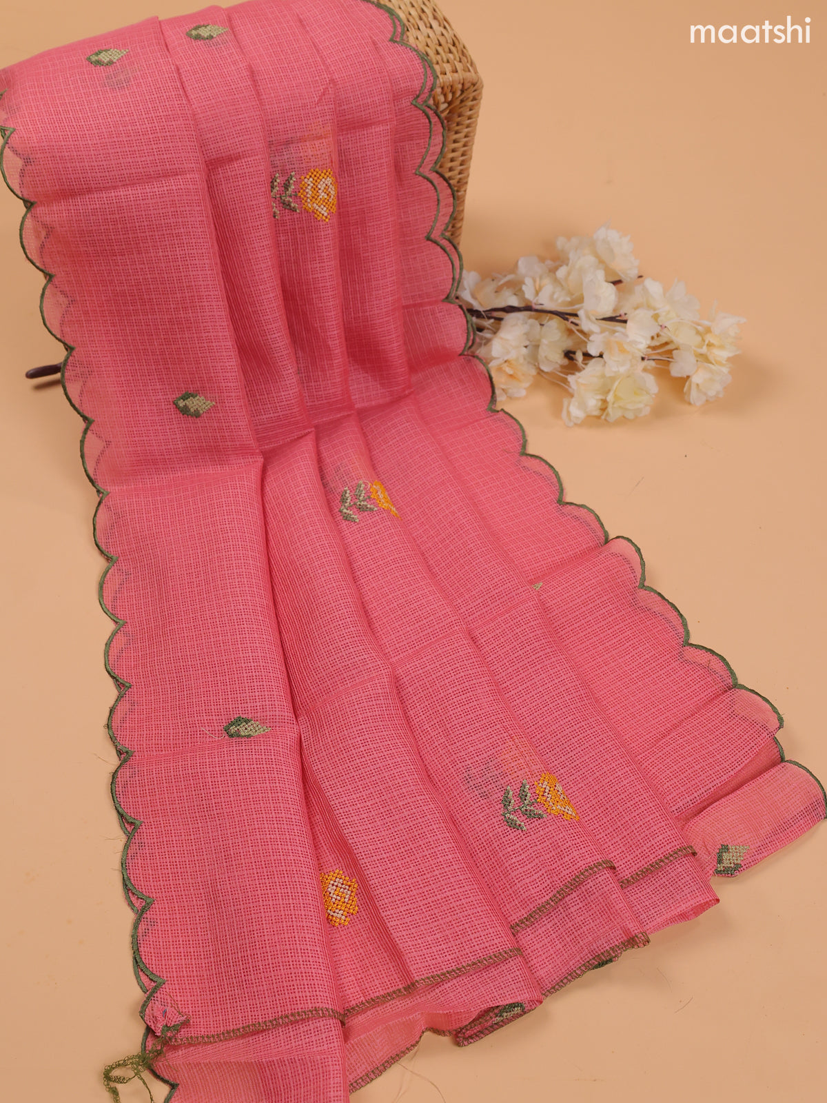 Pink Kota Dress Material With Embroidery Work Neck Pattern and Bottom & Dupatta