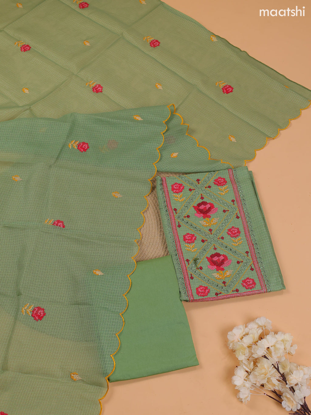 Light Green Kota Dress Material With Embroidery Work Neck Pattern and Bottom & Dupatta