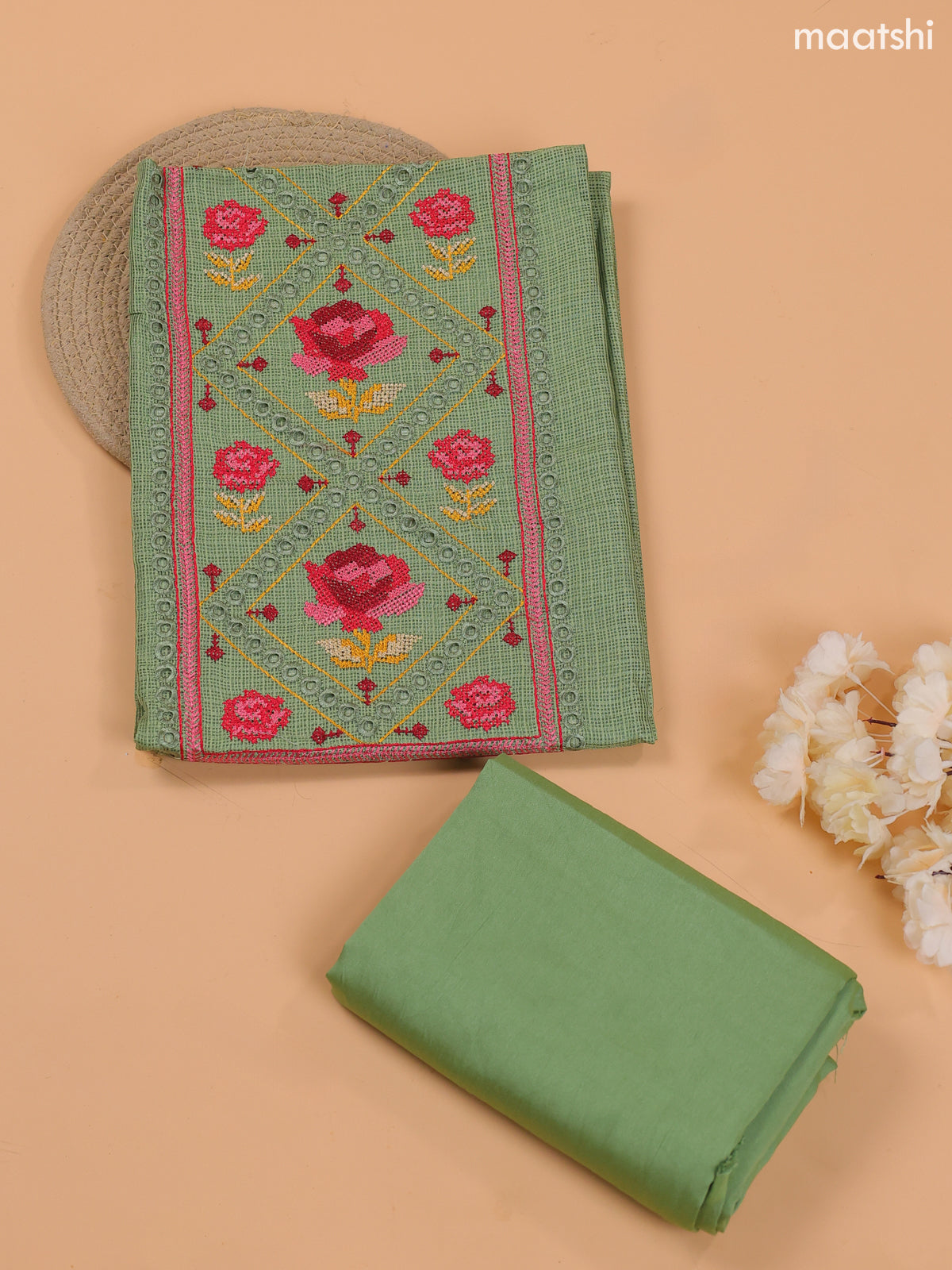 Light Green Kota Dress Material With Embroidery Work Neck Pattern and Bottom & Dupatta