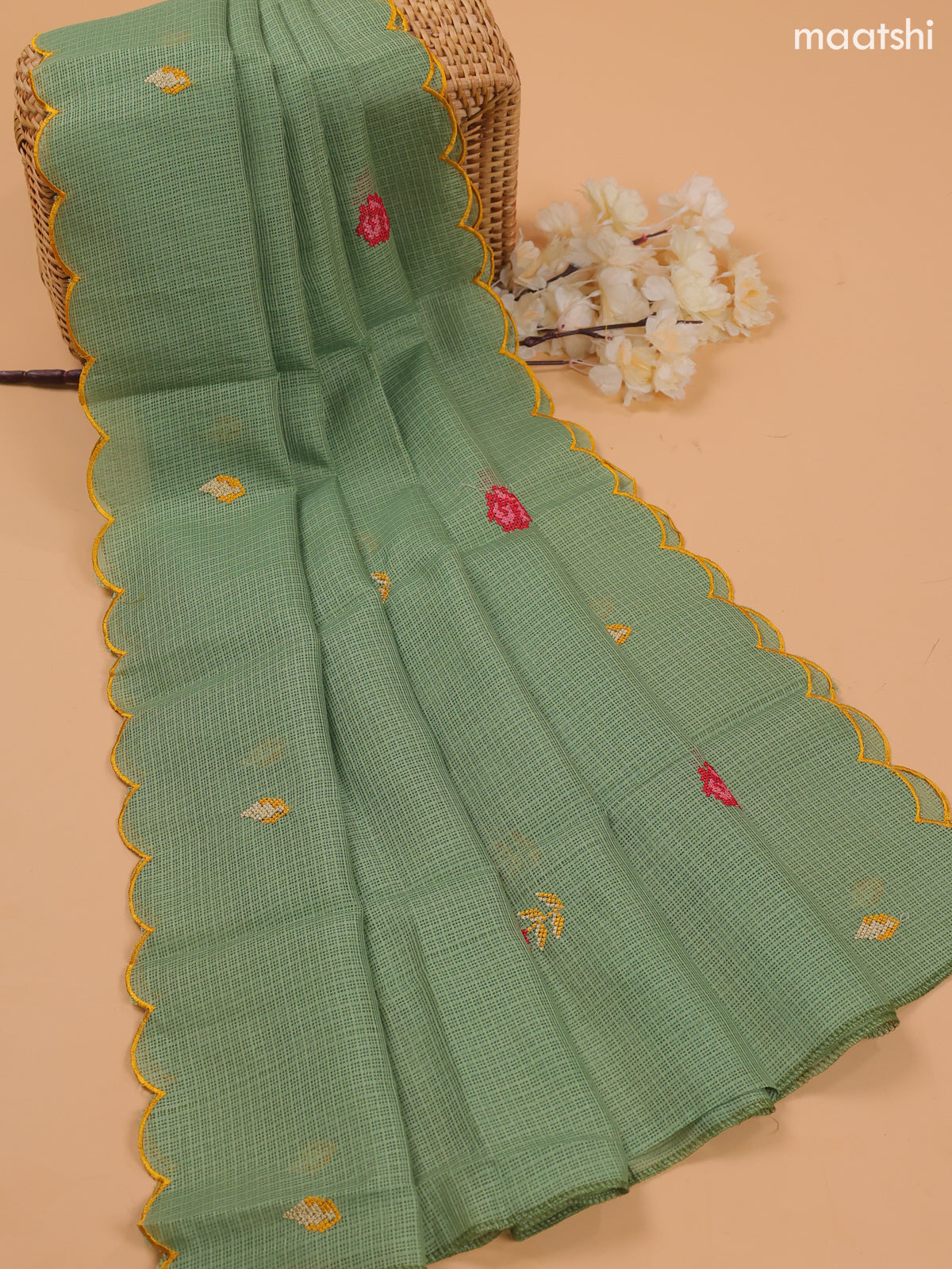 Light Green Kota Dress Material With Embroidery Work Neck Pattern and Bottom & Dupatta