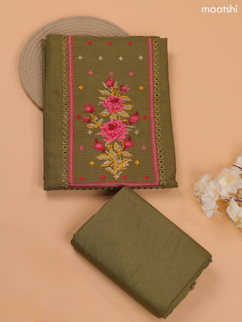 Mehandi Green Kota Dress Material With Embroidery Work Neck Pattern and Bottom & Dupatta
