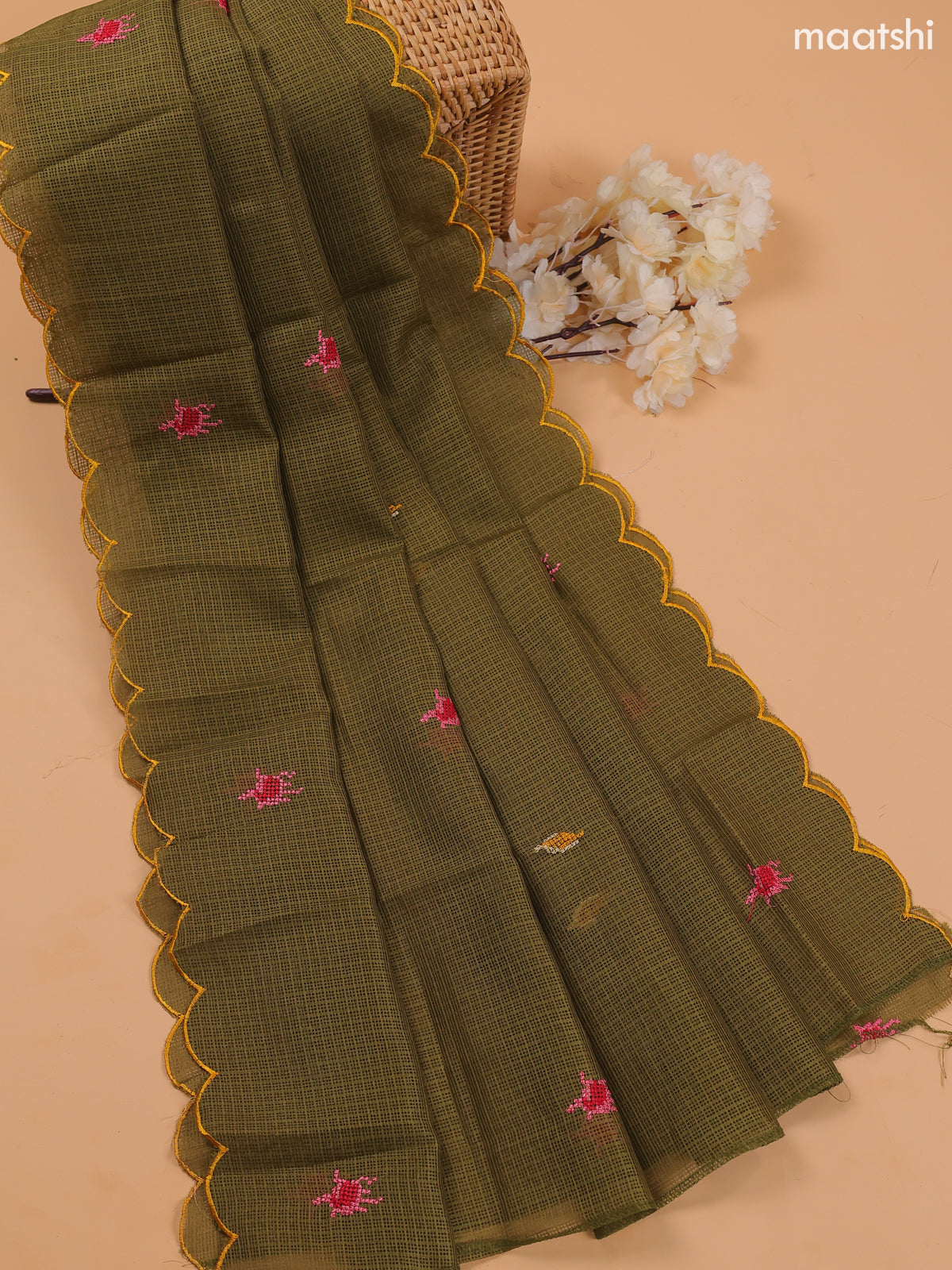 Mehandi Green Kota Dress Material With Embroidery Work Neck Pattern and Bottom & Dupatta