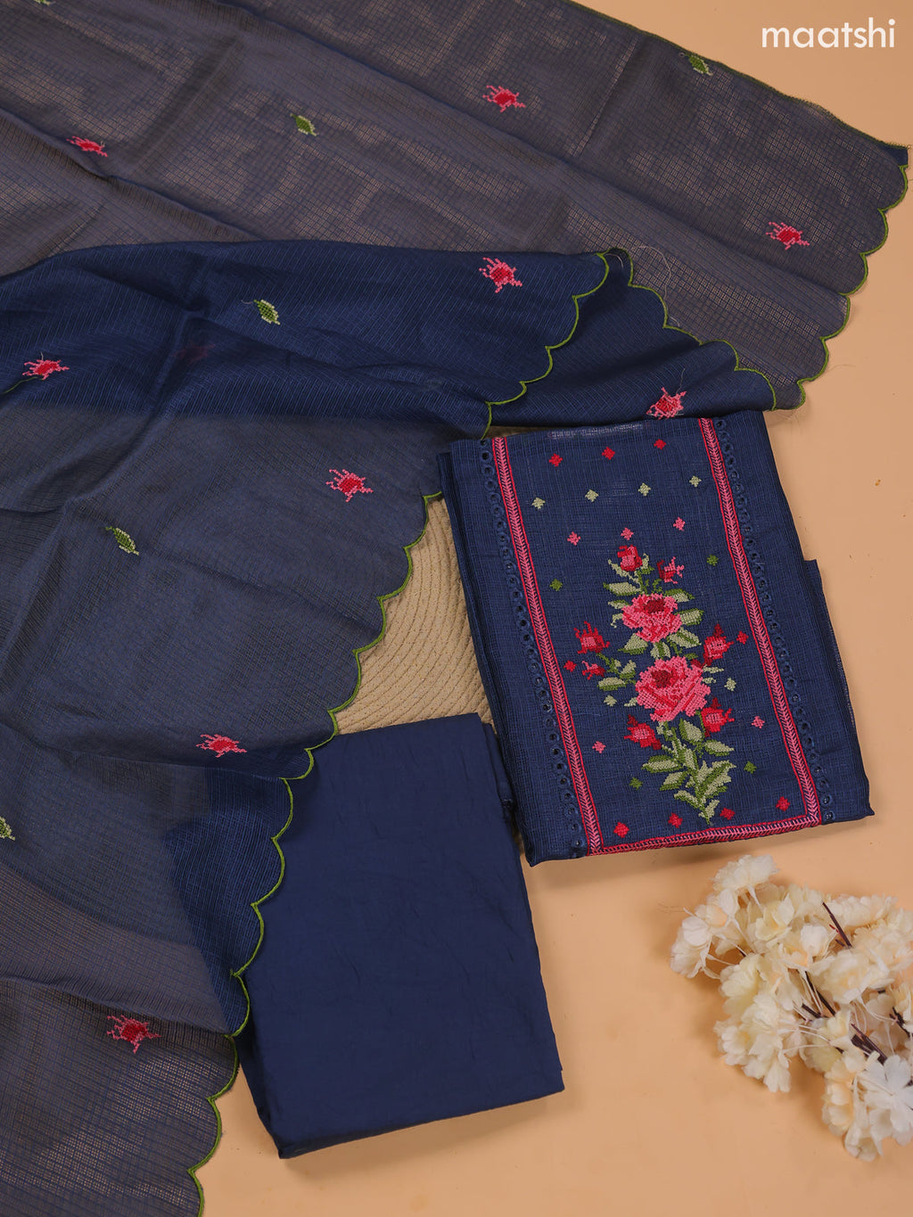 Navy Blue Kota Dress Material With Embroidery Work Neck Pattern and Bottom & Dupatta