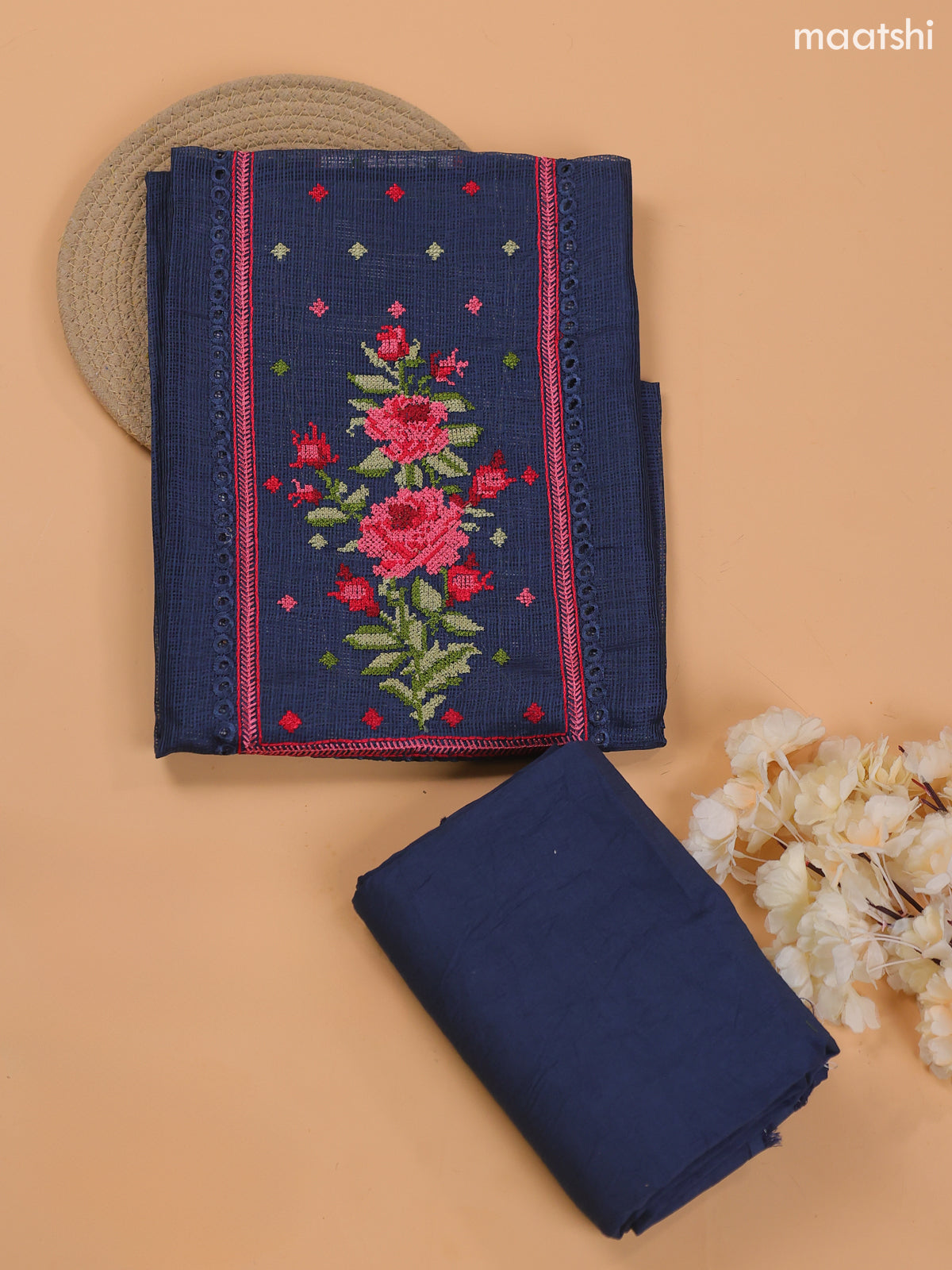 Navy Blue Kota Dress Material With Embroidery Work Neck Pattern and Bottom & Dupatta