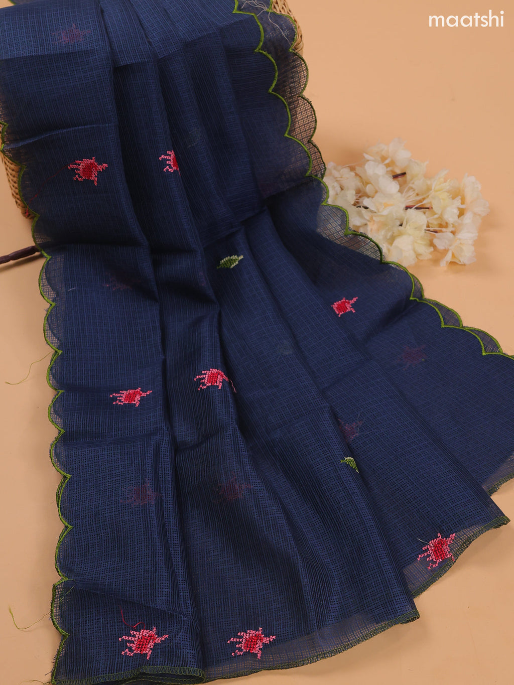 Navy Blue Kota Dress Material With Embroidery Work Neck Pattern and Bottom & Dupatta