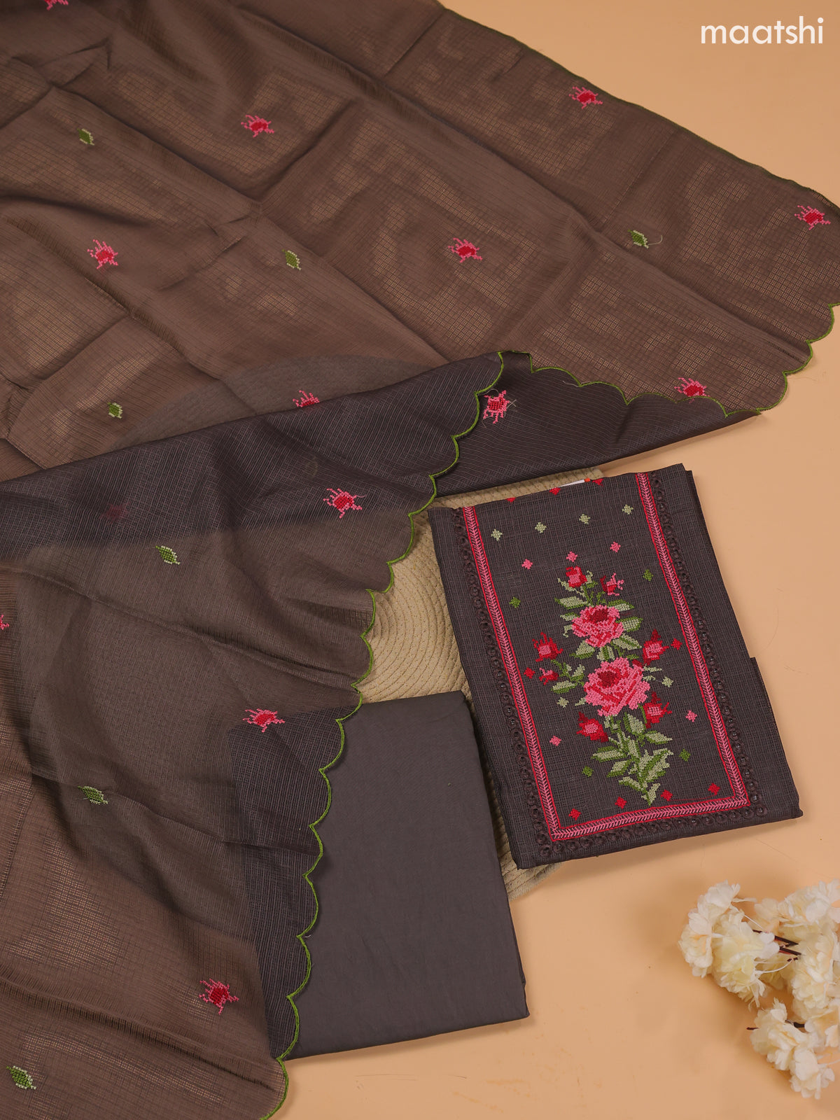 Elephant Grey Kota Dress Material With Embroidery Work Neck Pattern and Bottom & Dupatta