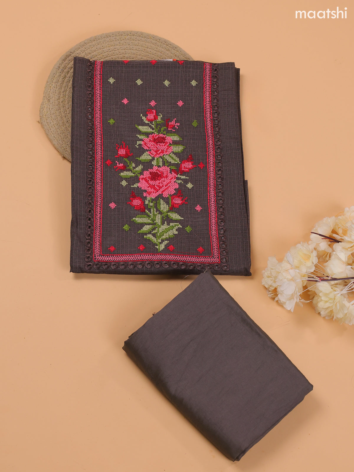 Elephant Grey Kota Dress Material With Embroidery Work Neck Pattern and Bottom & Dupatta