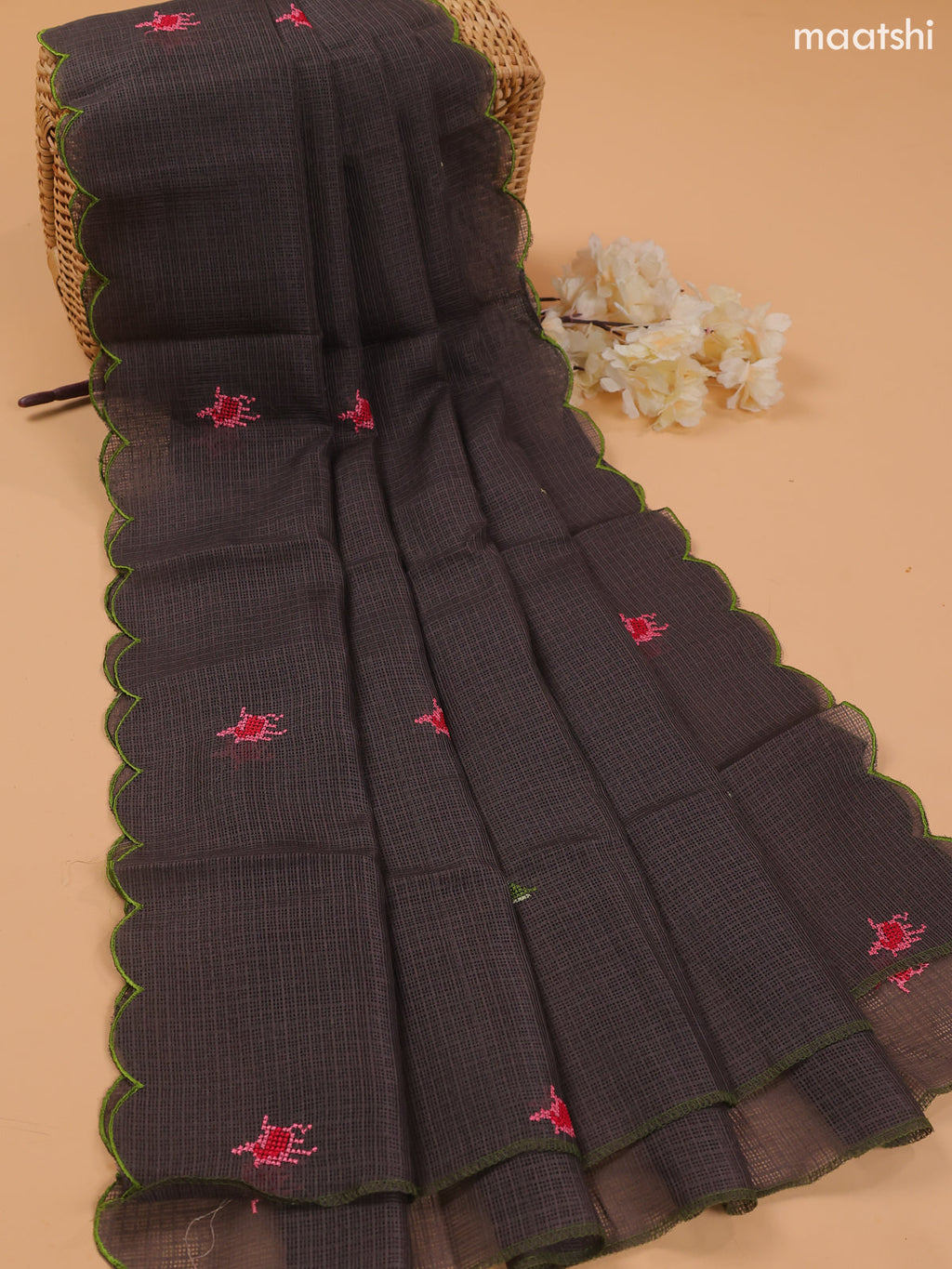 Elephant Grey Kota Dress Material With Embroidery Work Neck Pattern and Bottom & Dupatta