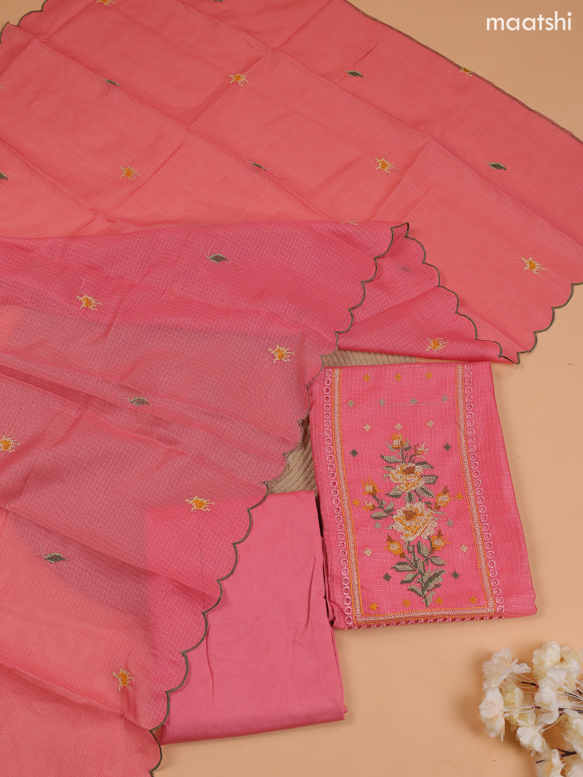 Pink Kota Dress Material With Embroidery Work Neck Pattern and Bottom & Dupatta