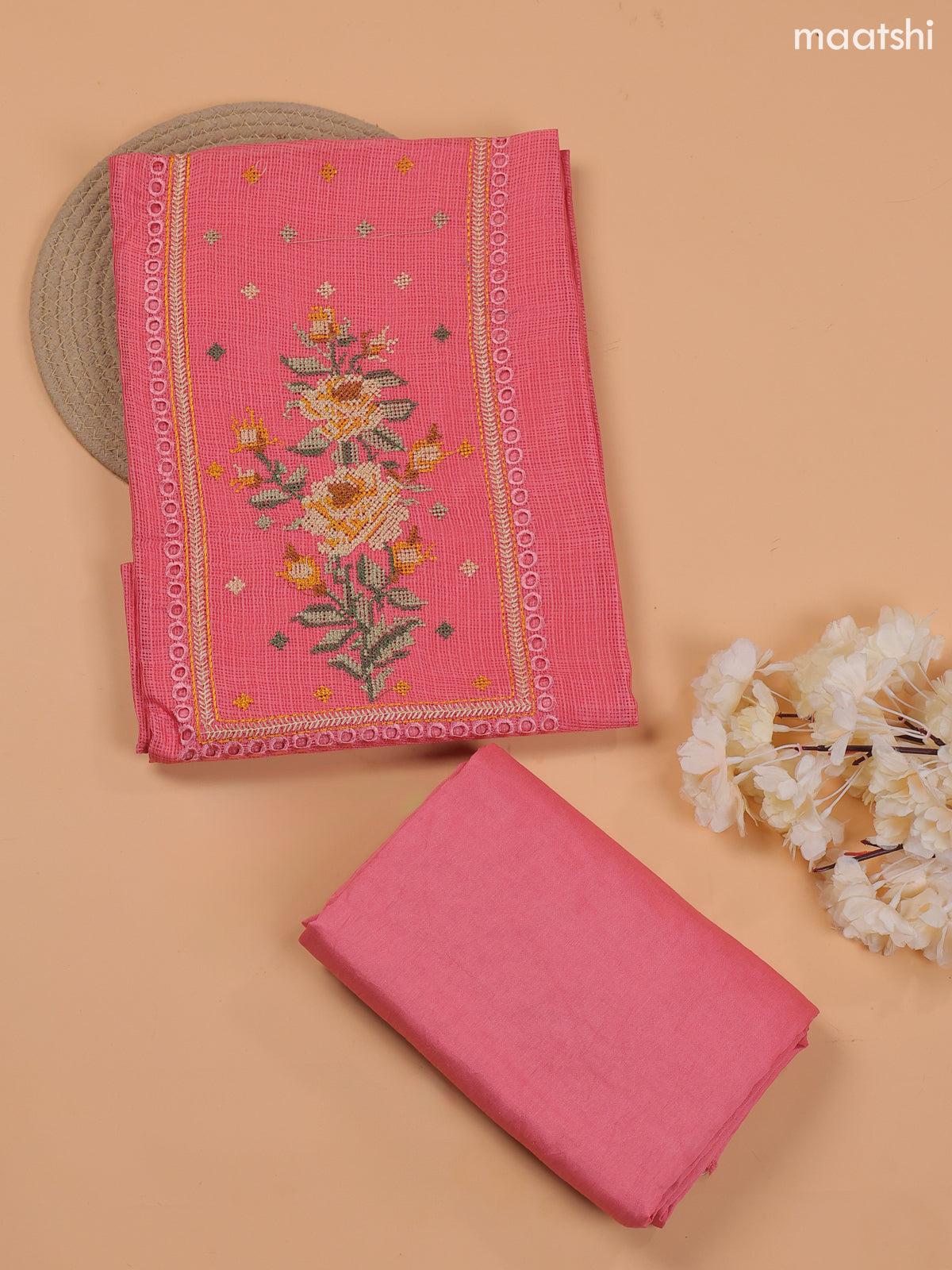 Pink Kota Dress Material With Embroidery Work Neck Pattern and Bottom & Dupatta
