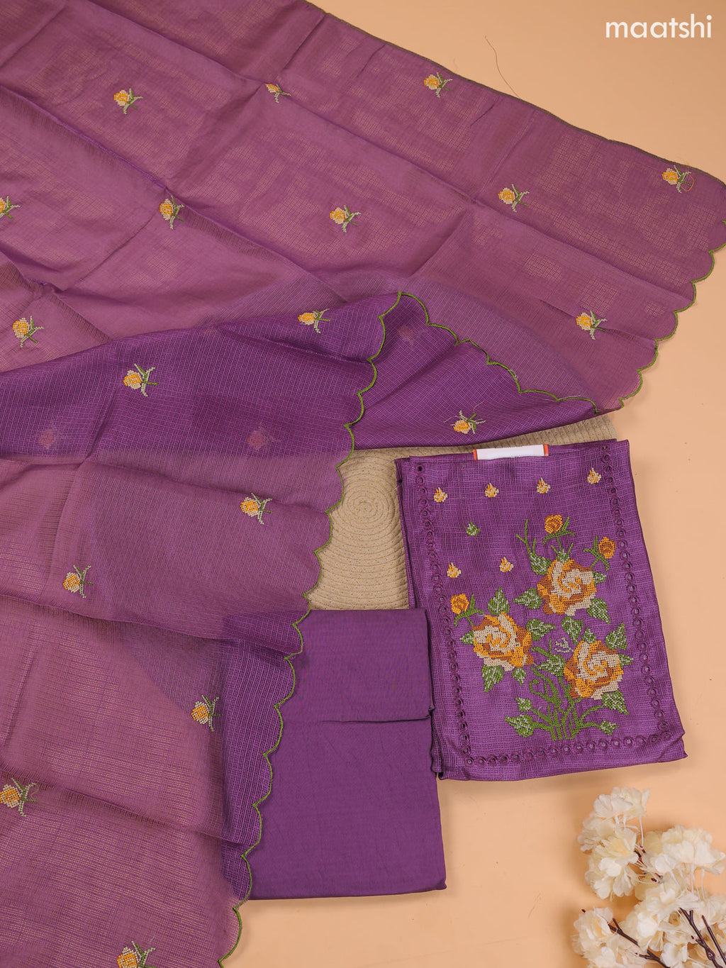 Dark Purple Kota Dress Material With Embroidery Work Neck Pattern and Bottom & Dupatta