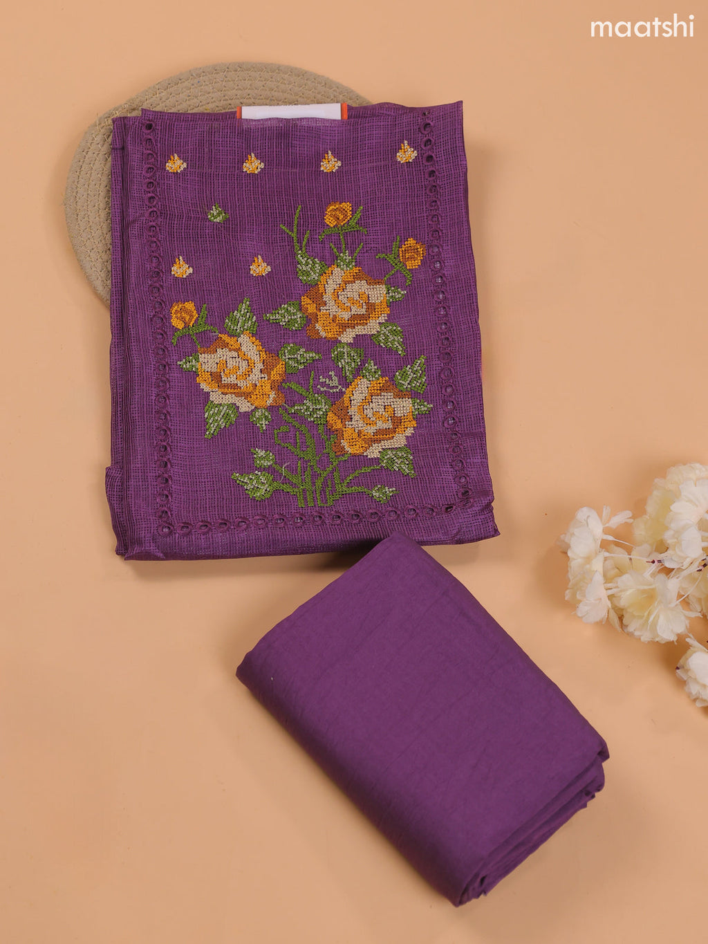 Dark Purple Kota Dress Material With Embroidery Work Neck Pattern and Bottom & Dupatta