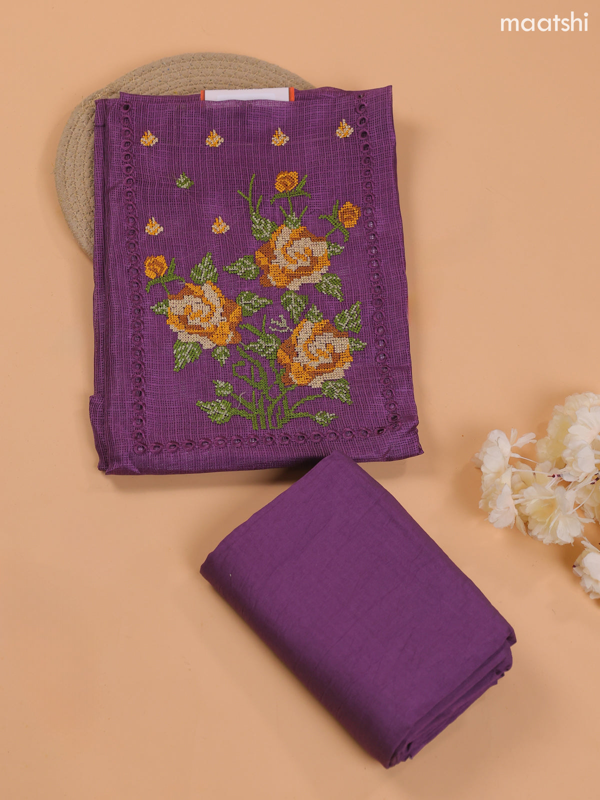 Dark Purple Kota Dress Material With Embroidery Work Neck Pattern and Bottom & Dupatta