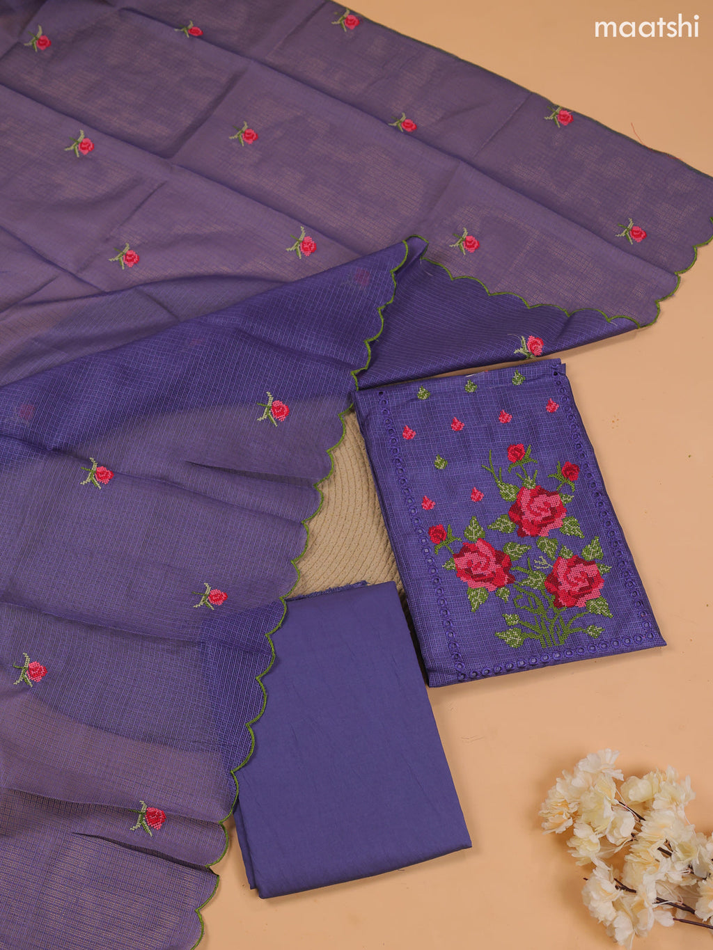 Navy Blue Kota Dress Material With Embroidery Work Neck Pattern and Bottom & Dupatta