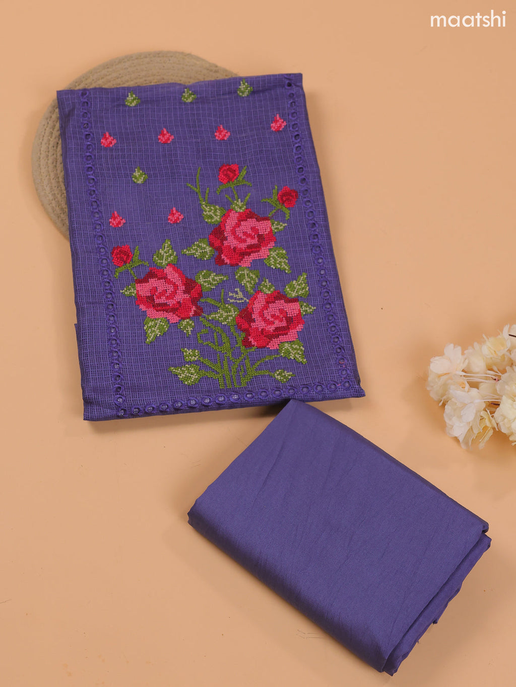 Navy Blue Kota Dress Material With Embroidery Work Neck Pattern and Bottom & Dupatta