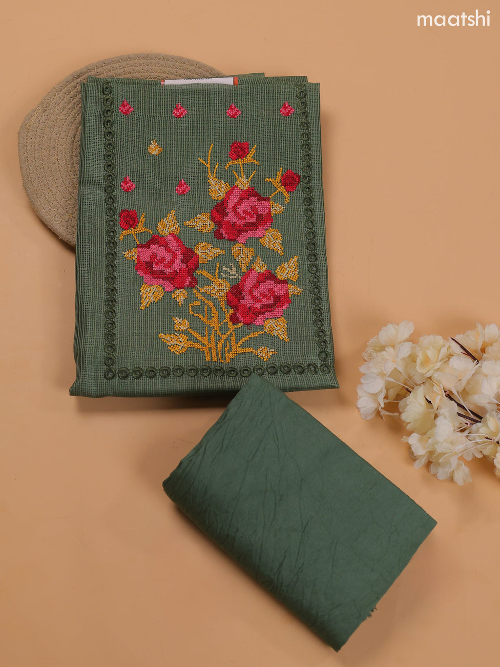 Pastel Green Kota Dress Material With Embroidery Work Neck Pattern and Bottom & Dupatta