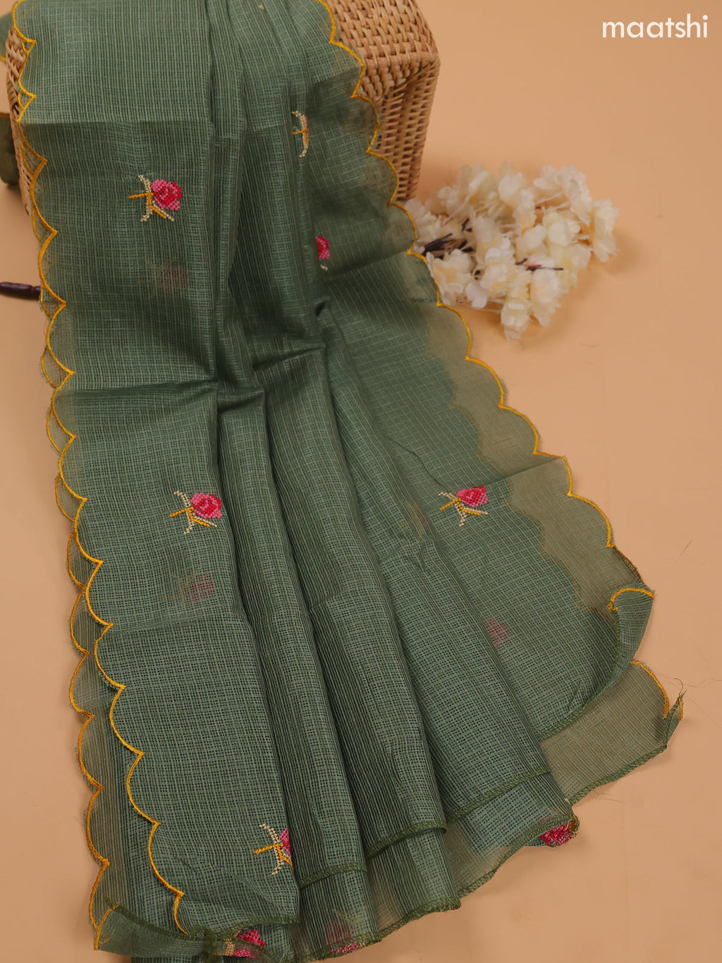 Pastel Green Kota Dress Material With Embroidery Work Neck Pattern and Bottom & Dupatta