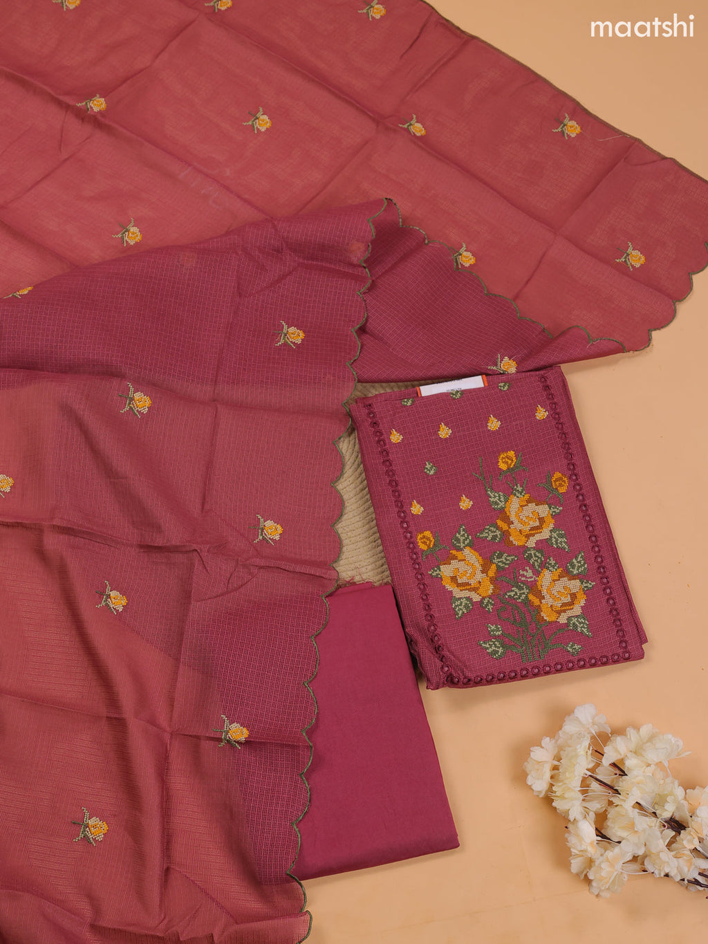 Dark Mauve Pink Kota Dress Material With Embroidery Work Neck Pattern and Bottom & Dupatta