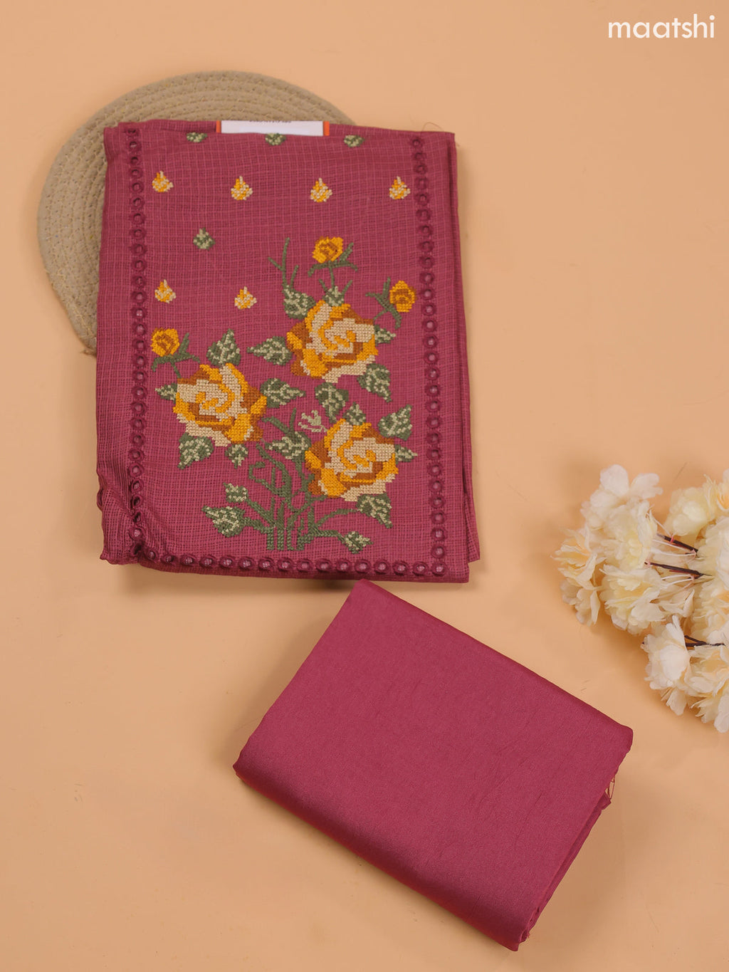 Dark Mauve Pink Kota Dress Material With Embroidery Work Neck Pattern and Bottom & Dupatta