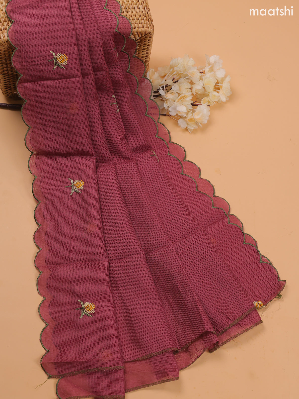 Dark Mauve Pink Kota Dress Material With Embroidery Work Neck Pattern and Bottom & Dupatta