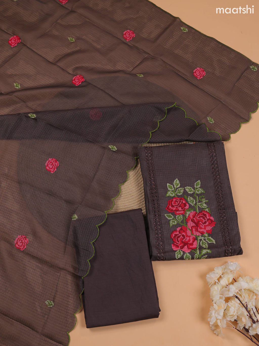 Elephant Grey Kota Dress Material With Embroidery Work Neck Pattern and Bottom & Dupatta