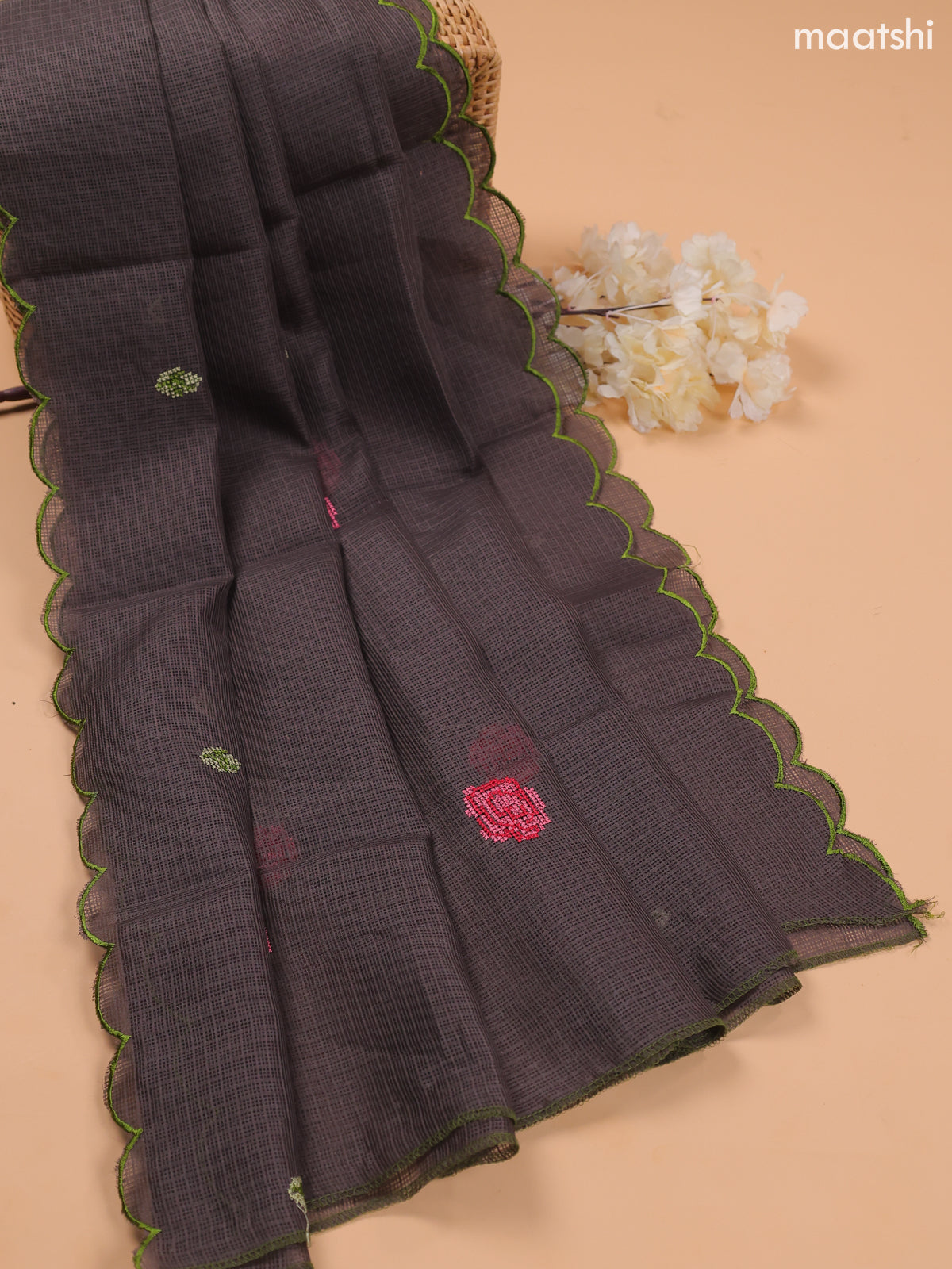 Elephant Grey Kota Dress Material With Embroidery Work Neck Pattern and Bottom & Dupatta