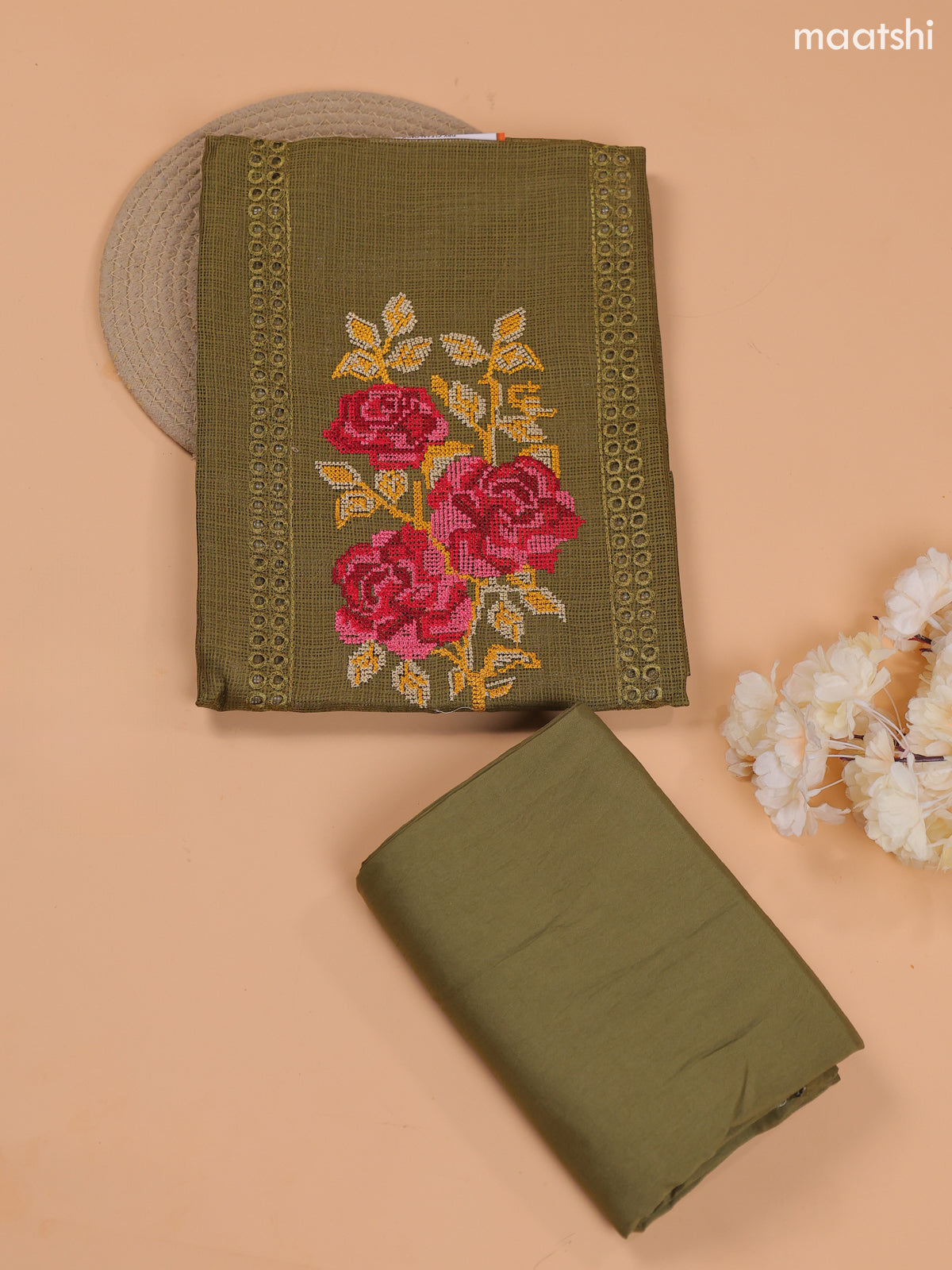 Mehandi Green Kota Dress Material With Embroidery Work Neck Pattern and Bottom & Dupatta