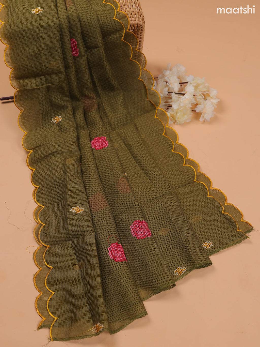 Mehandi Green Kota Dress Material With Embroidery Work Neck Pattern and Bottom & Dupatta