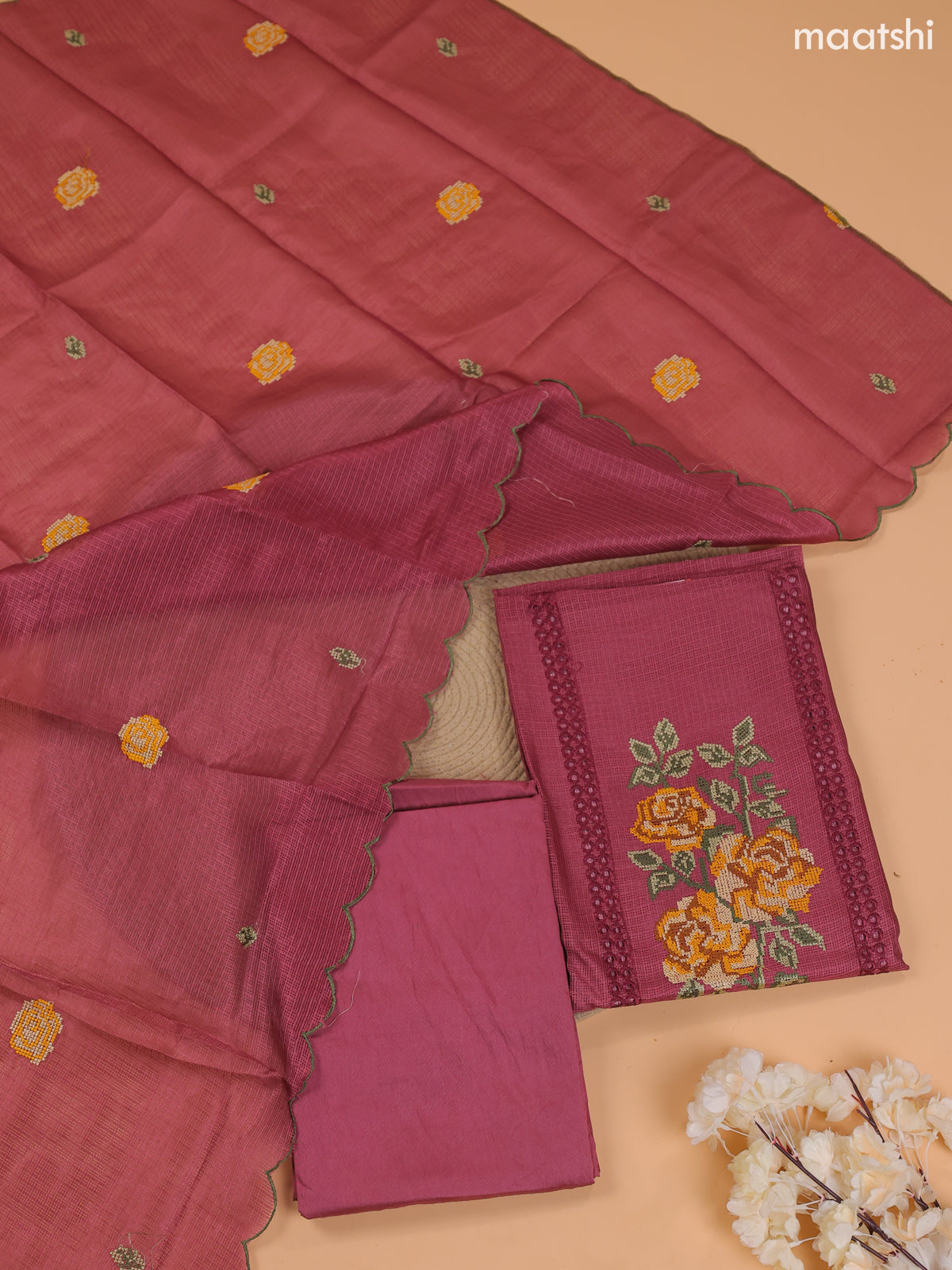 Dark Mauve Pink Kota Dress Material With Embroidery Work Neck Pattern and Bottom & Dupatta