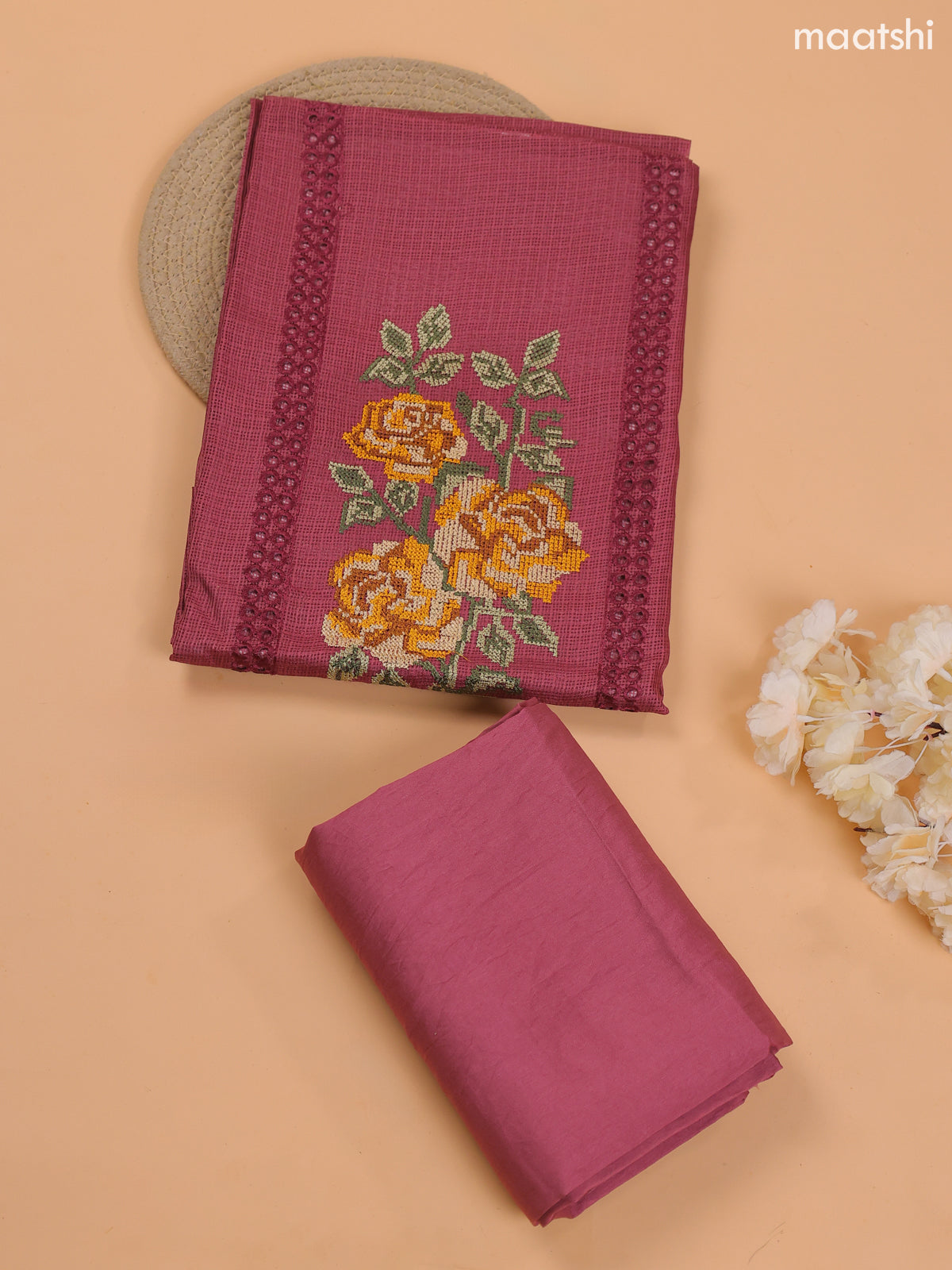 Dark Mauve Pink Kota Dress Material With Embroidery Work Neck Pattern and Bottom & Dupatta