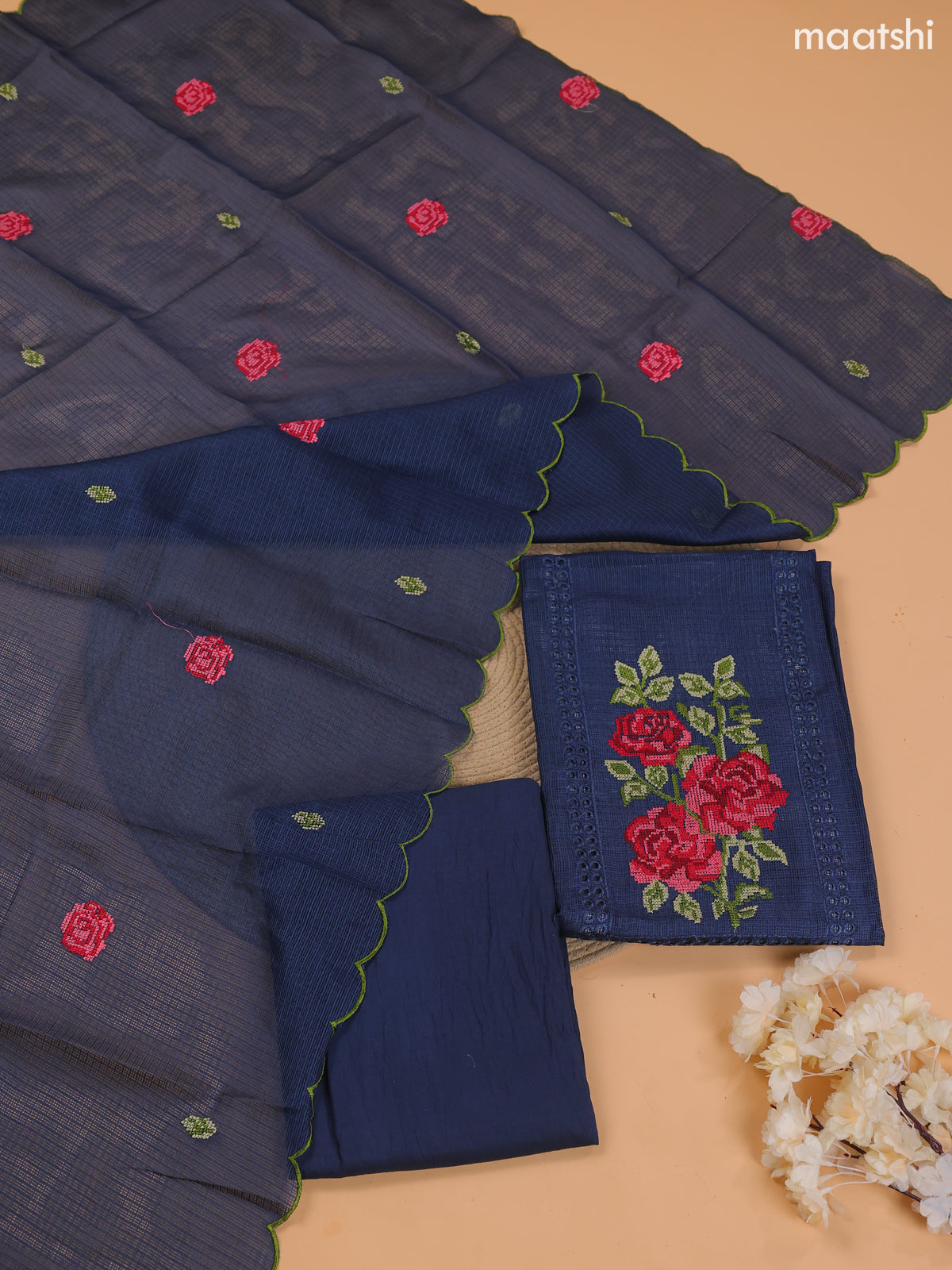 Dark Blue Kota Dress Material With Embroidery Work Neck Pattern and Bottom & Dupatta
