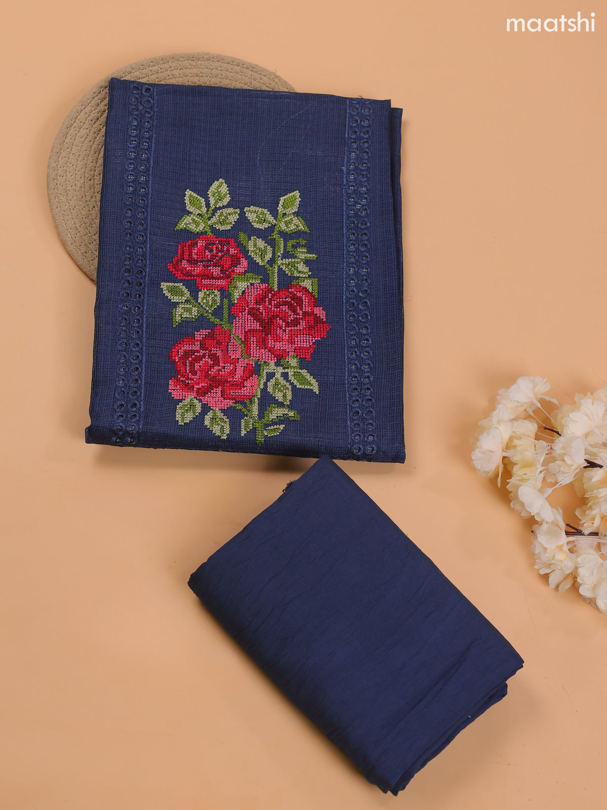 Dark Blue Kota Dress Material With Embroidery Work Neck Pattern and Bottom & Dupatta