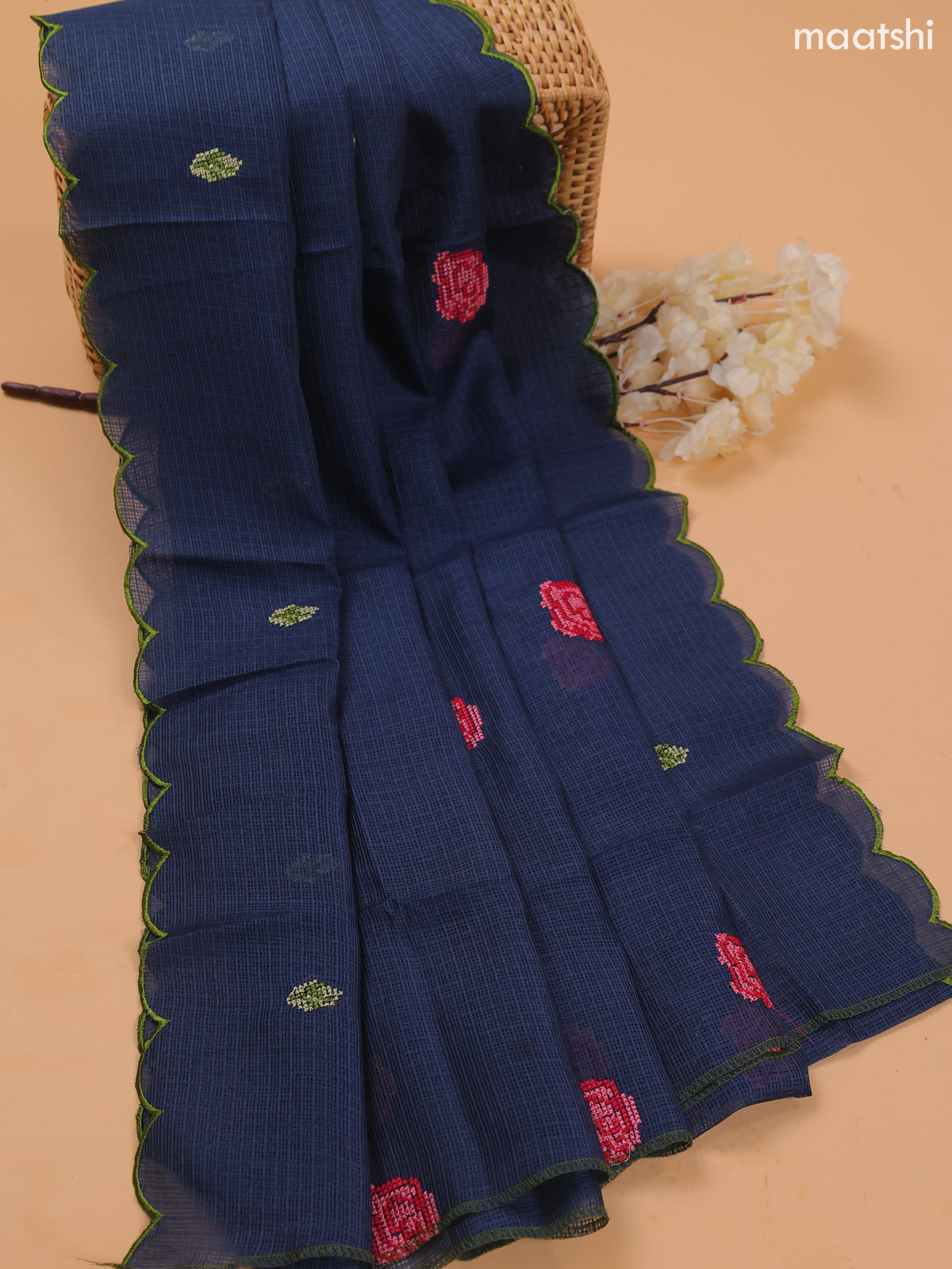 Dark Blue Kota Dress Material With Embroidery Work Neck Pattern and Bottom & Dupatta