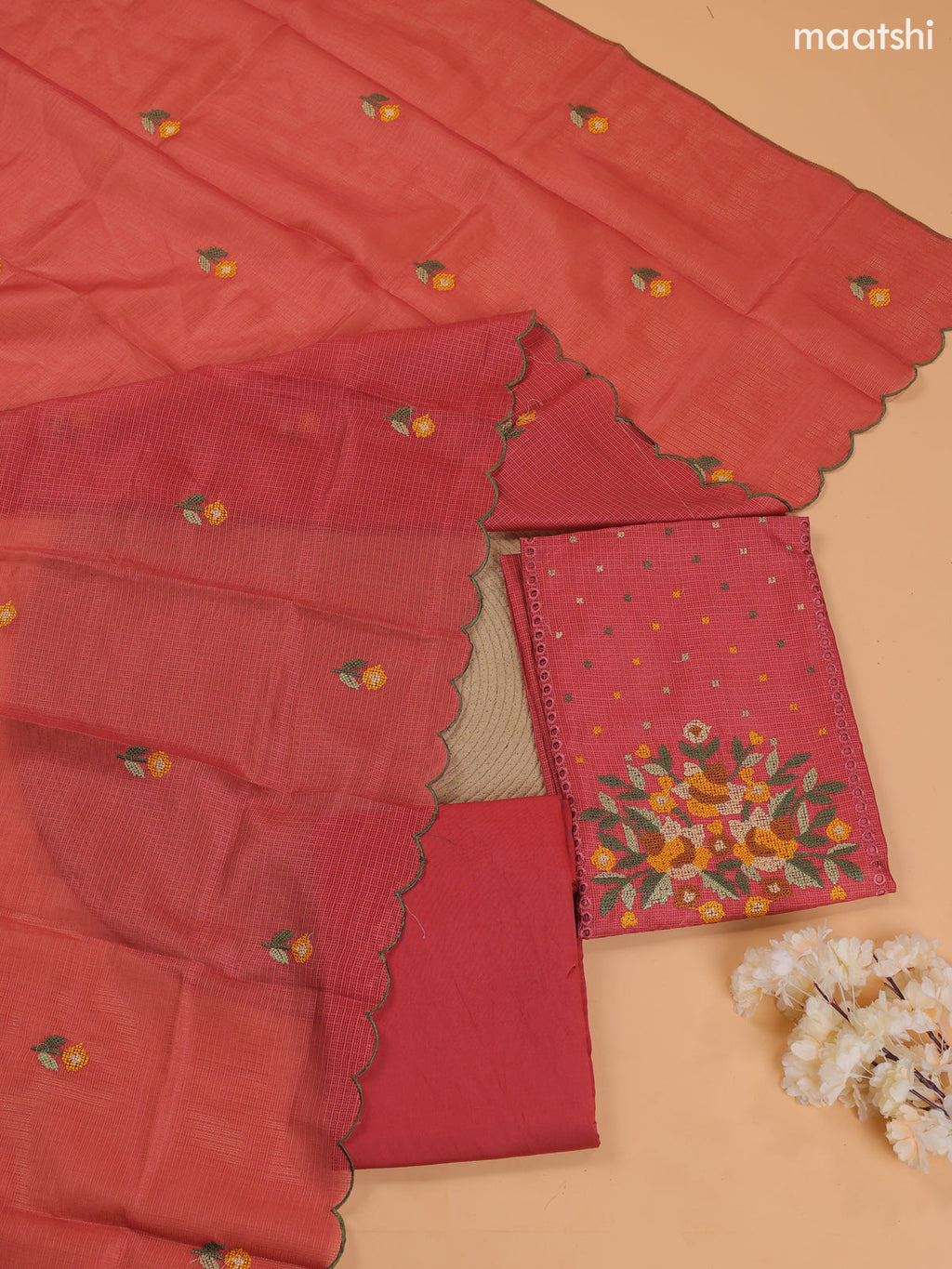 Rustic Maroon Kota Dress Material With Embroidery Work Neck Pattern and Bottom & Dupatta