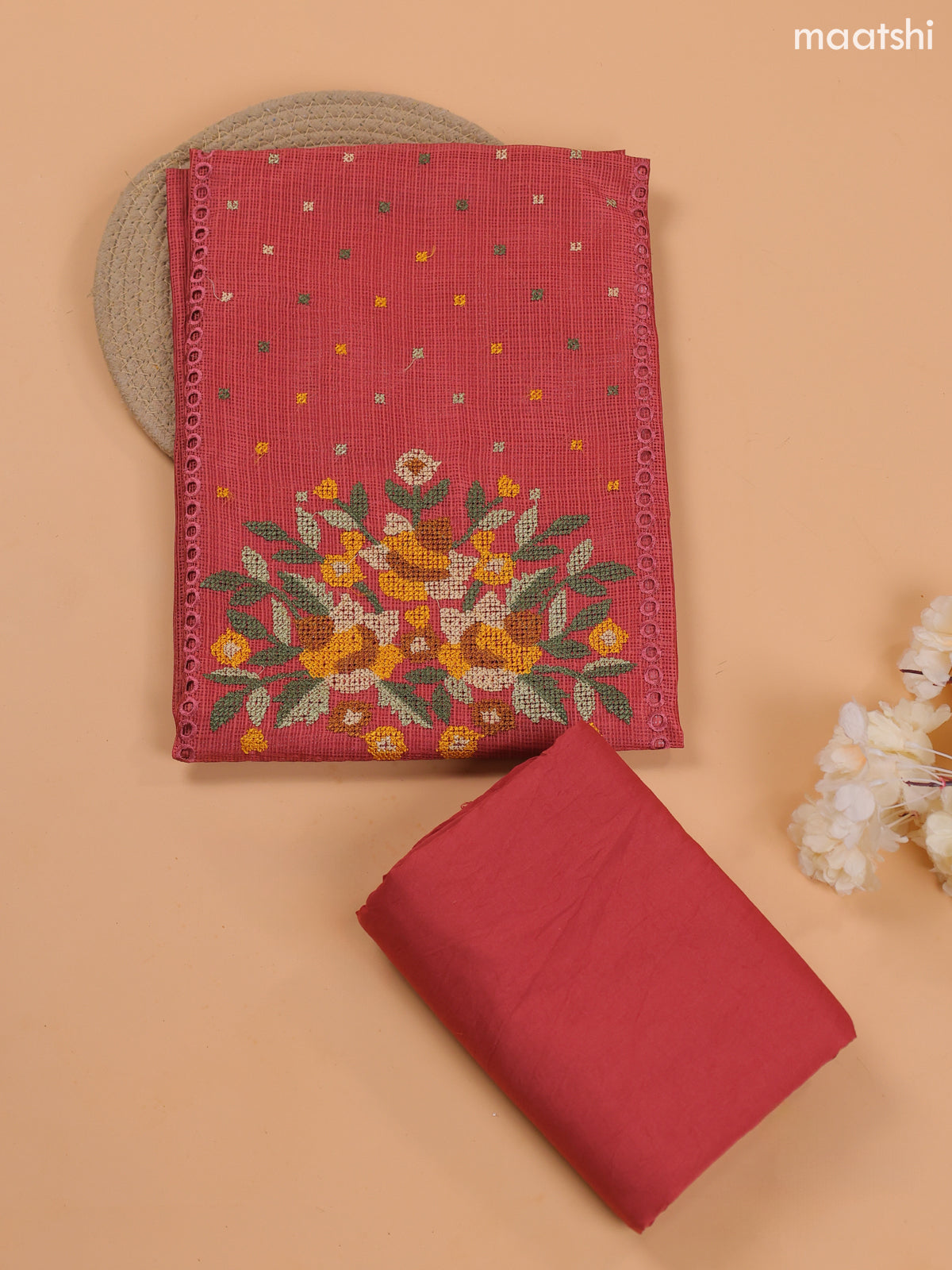 Rustic Maroon Kota Dress Material With Embroidery Work Neck Pattern and Bottom & Dupatta
