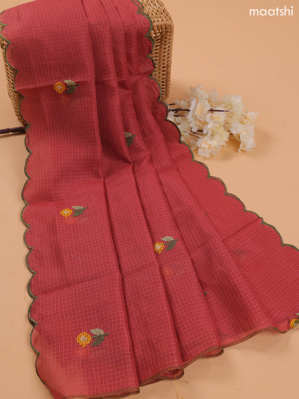 Rustic Maroon Kota Dress Material With Embroidery Work Neck Pattern and Bottom & Dupatta