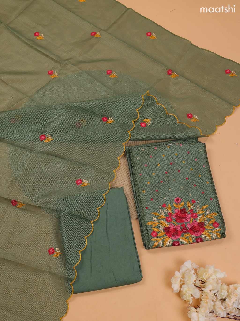 Light Green Kota Dress Material With Embroidery Work Neck Pattern and Bottom & Dupatta