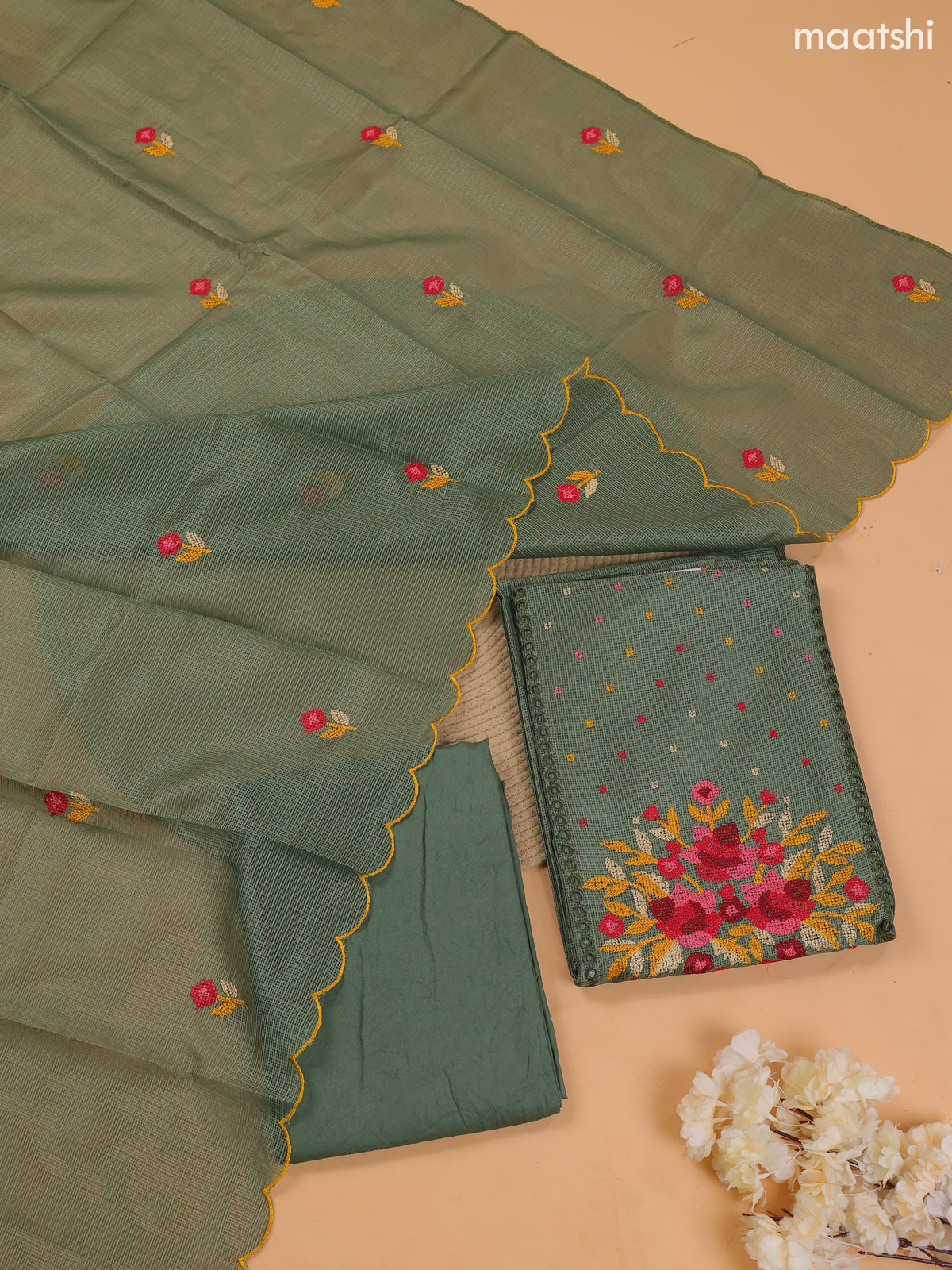 Light Green Kota Dress Material With Embroidery Work Neck Pattern and Bottom & Dupatta