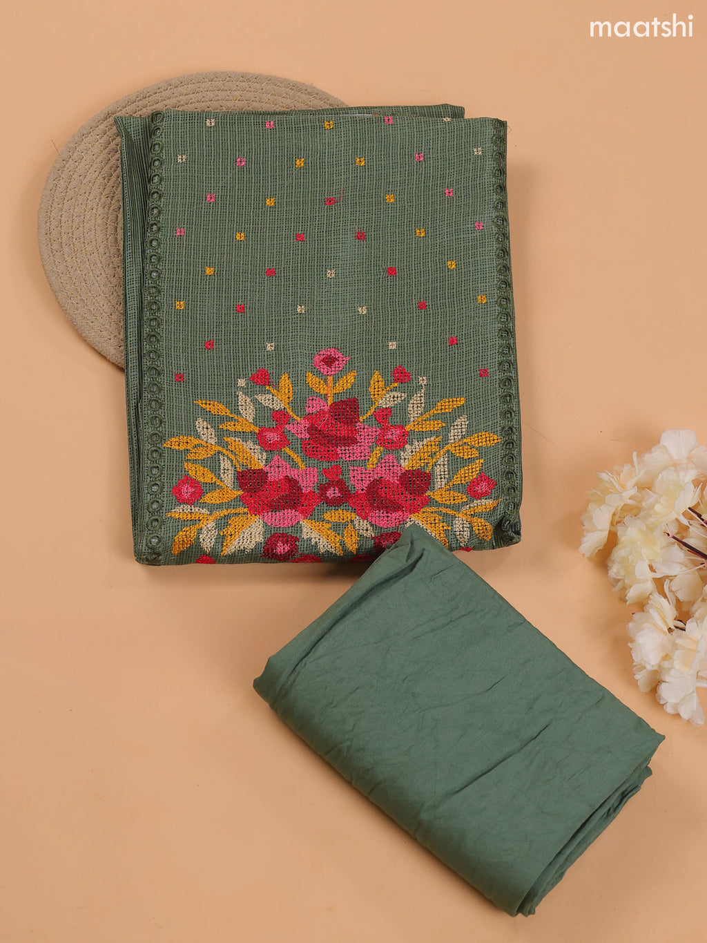 Light Green Kota Dress Material With Embroidery Work Neck Pattern and Bottom & Dupatta