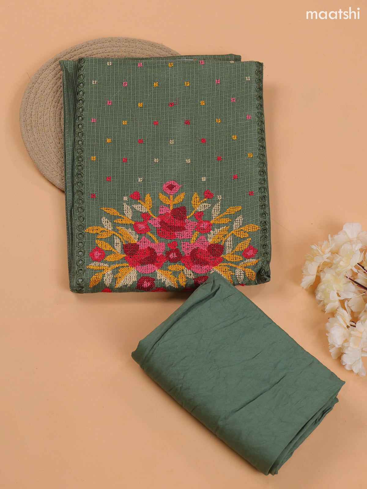 Light Green Kota Dress Material With Embroidery Work Neck Pattern and Bottom & Dupatta