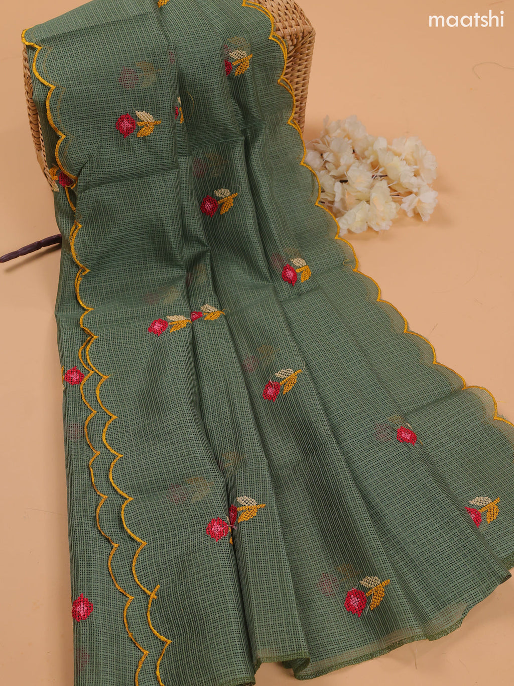 Light Green Kota Dress Material With Embroidery Work Neck Pattern and Bottom & Dupatta