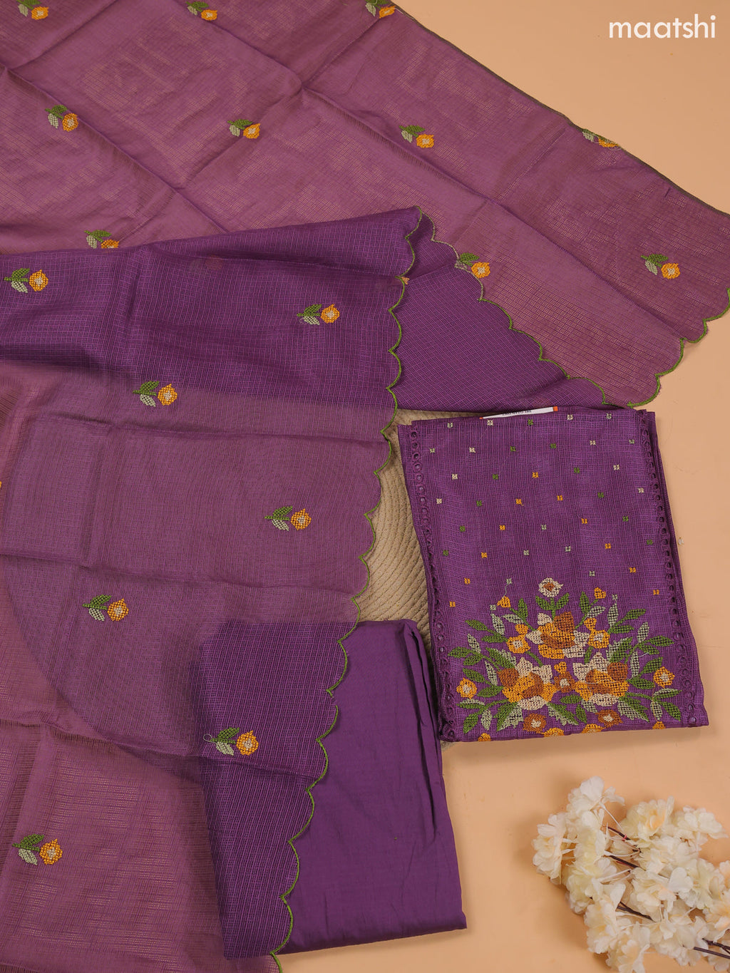 Dark Purple Kota Dress Material With Embroidery Work Neck Pattern and Bottom & Dupatta