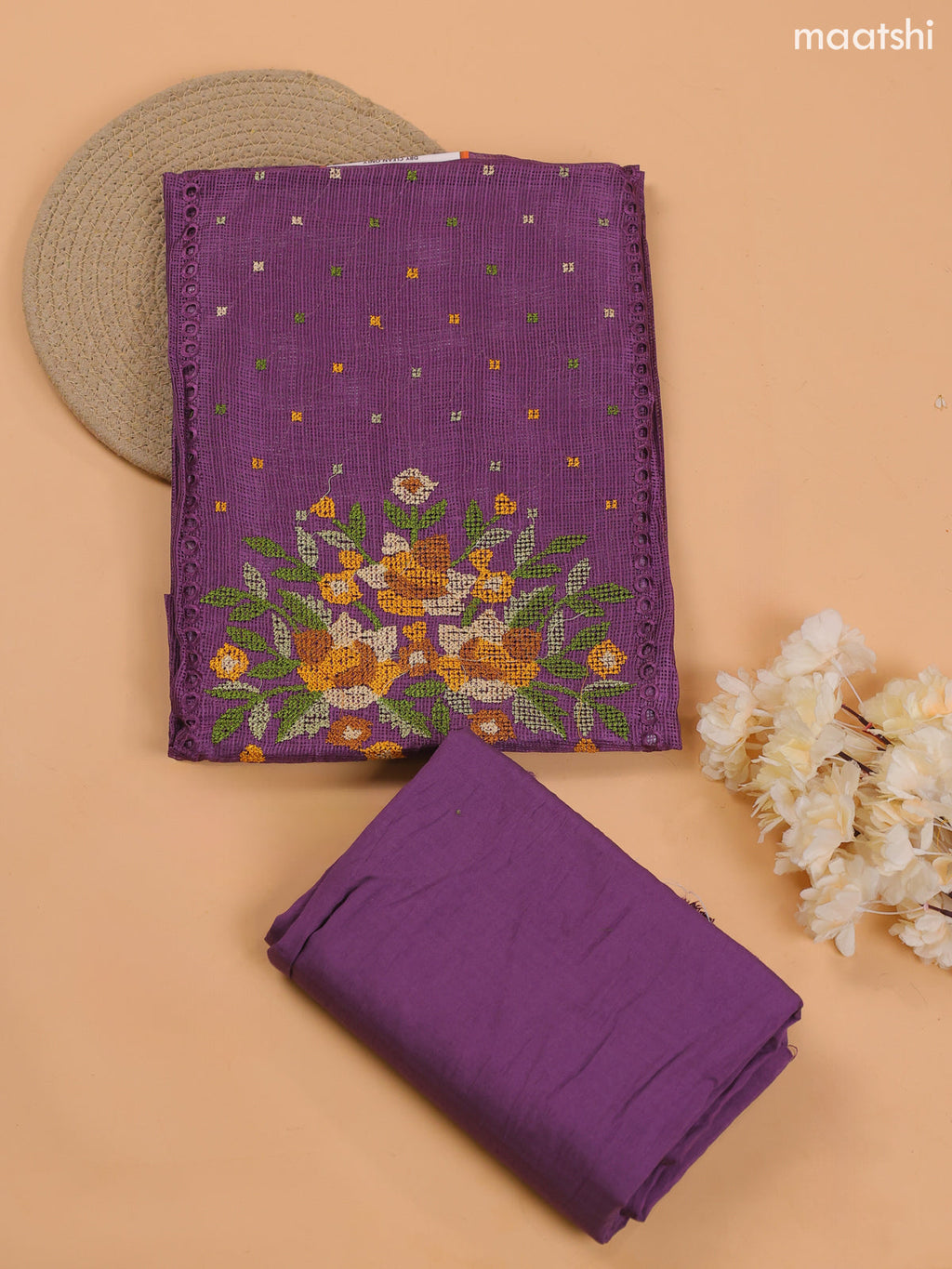 Dark Purple Kota Dress Material With Embroidery Work Neck Pattern and Bottom & Dupatta