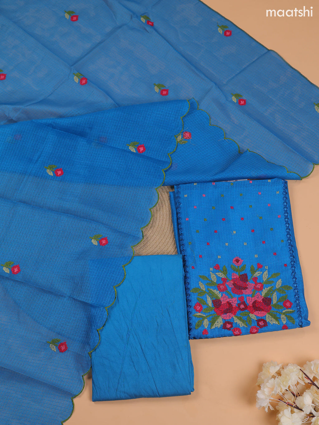 Cs Blue Kota Dress Material With Embroidery Work Neck Pattern and Bottom & Dupatta