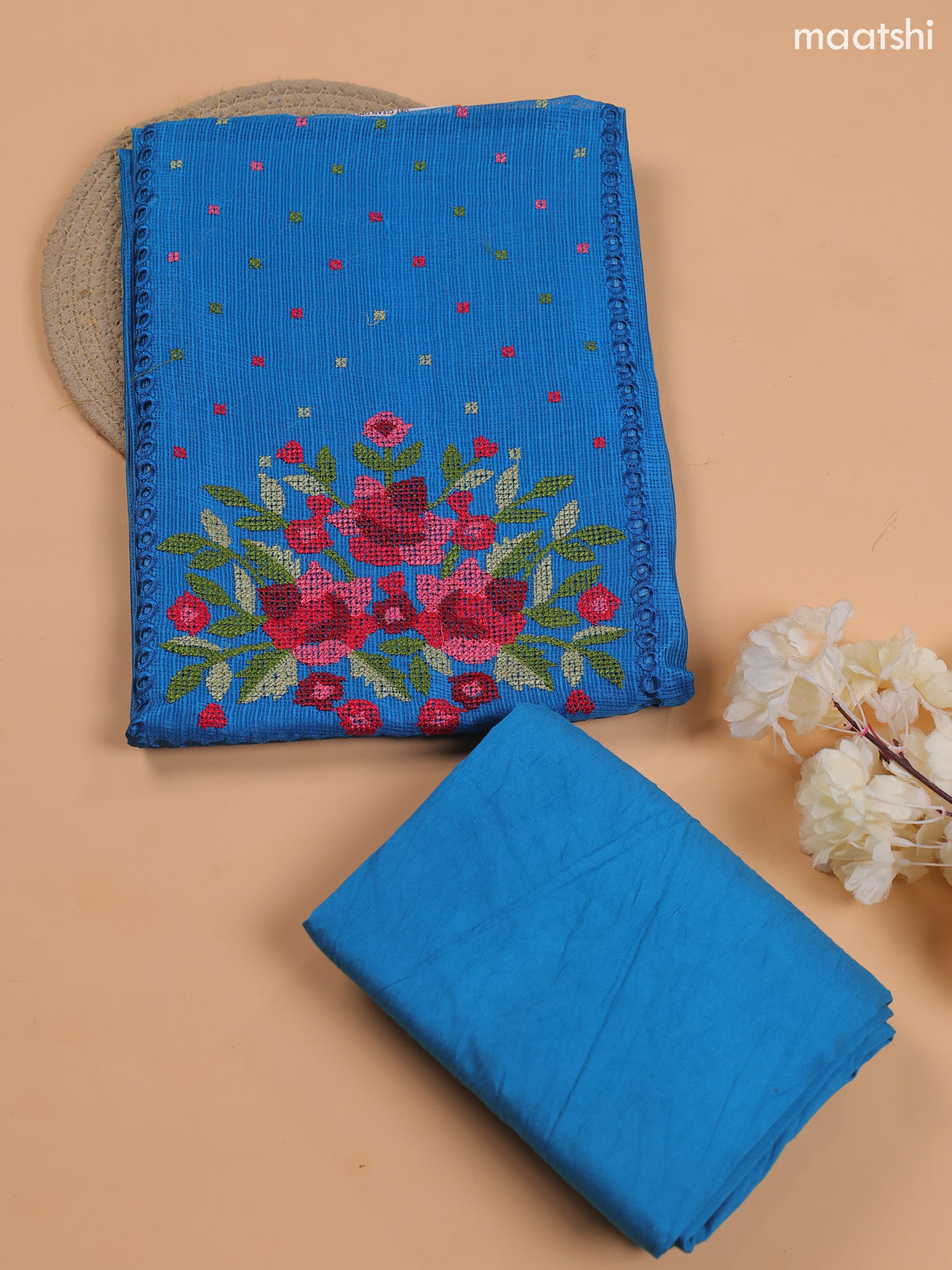 Cs Blue Kota Dress Material With Embroidery Work Neck Pattern and Bottom & Dupatta
