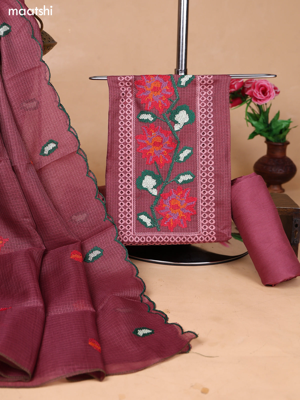 Rosy Brown Kota Dress Material With Floral Embroidery Work Neck Pattern and Bottom & Dupatta