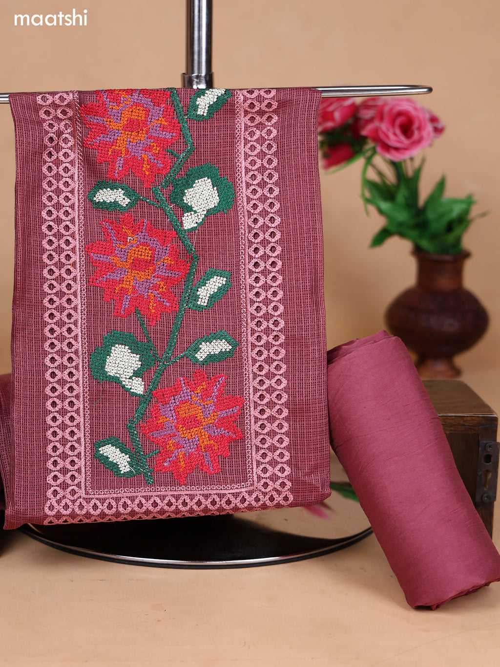 Rosy Brown Kota Dress Material With Floral Embroidery Work Neck Pattern and Bottom & Dupatta