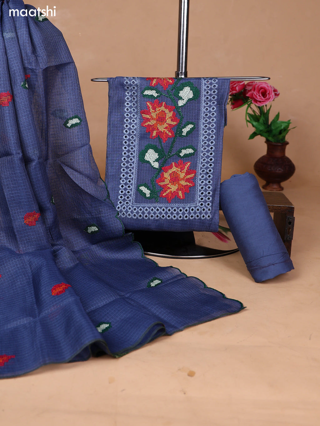 Bluish Grey Kota Dress Material With Floral Embroidery Work Neck Pattern and Bottom & Dupatta