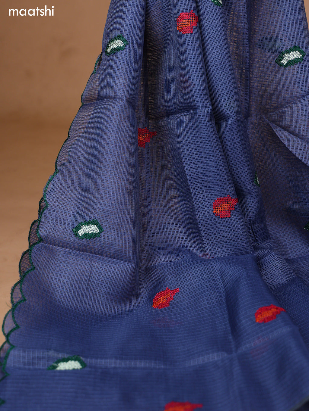 Bluish Grey Kota Dress Material With Floral Embroidery Work Neck Pattern and Bottom & Dupatta